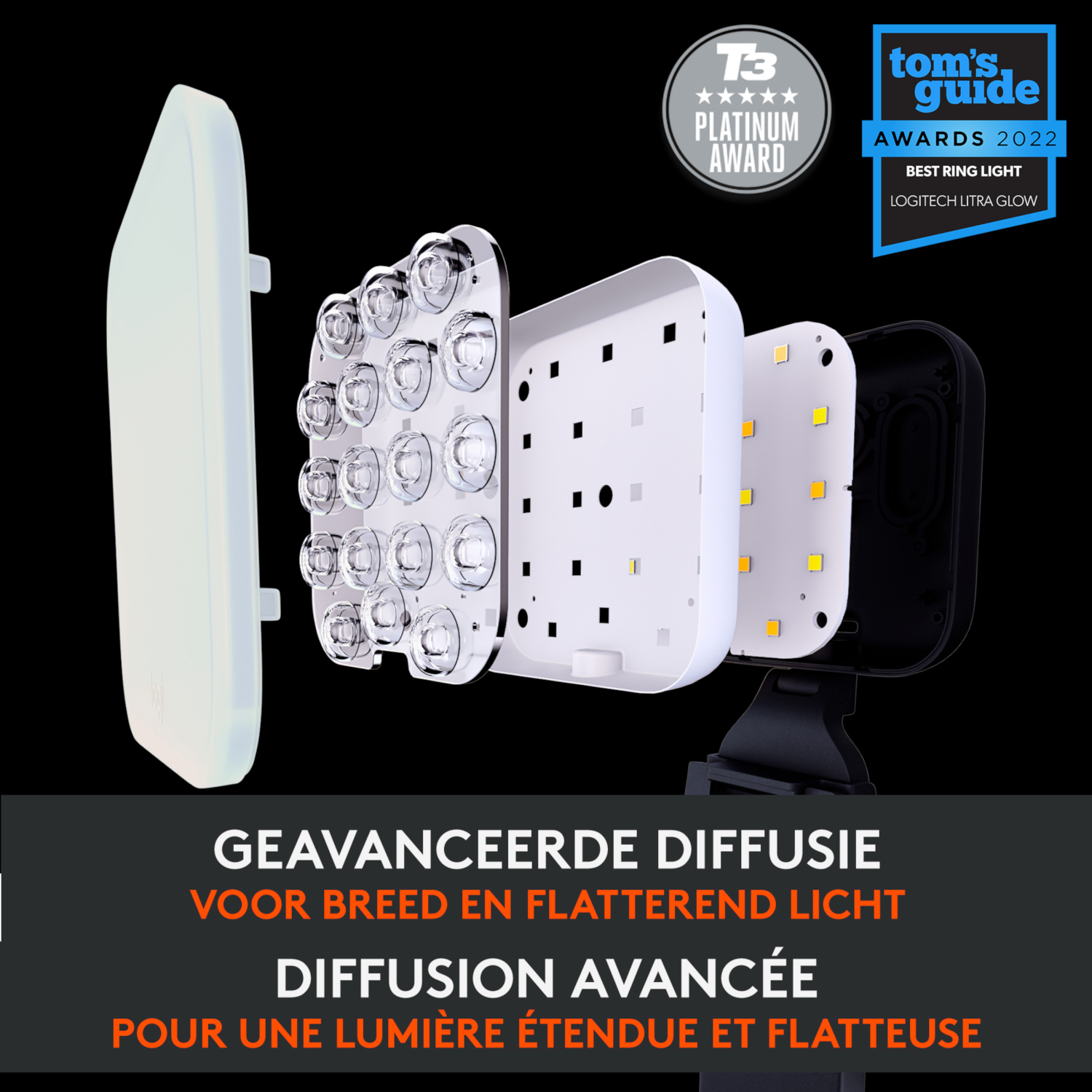 Exploded view of a ring light, highlighting diffuser and LED components.