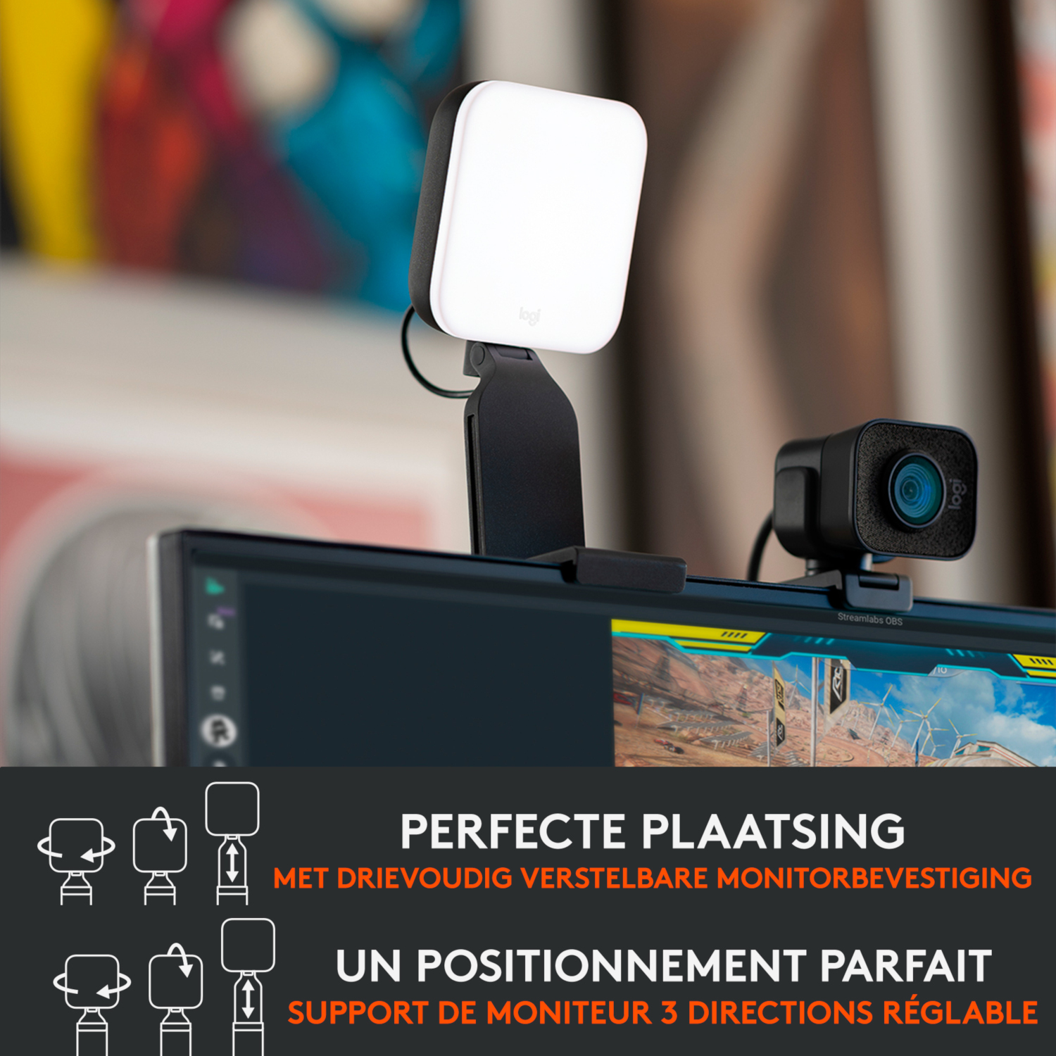 Webcam and light combo mounted on a monitor, with adjustment icons and text.