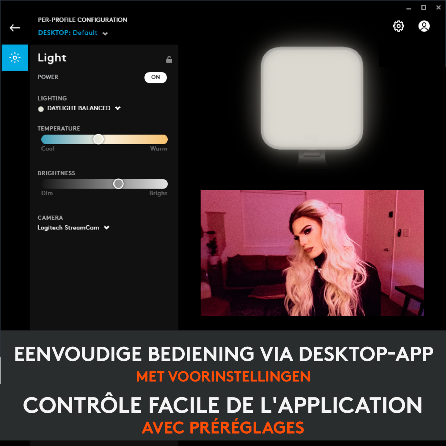 Interface for a light control app, with a woman on the right side.