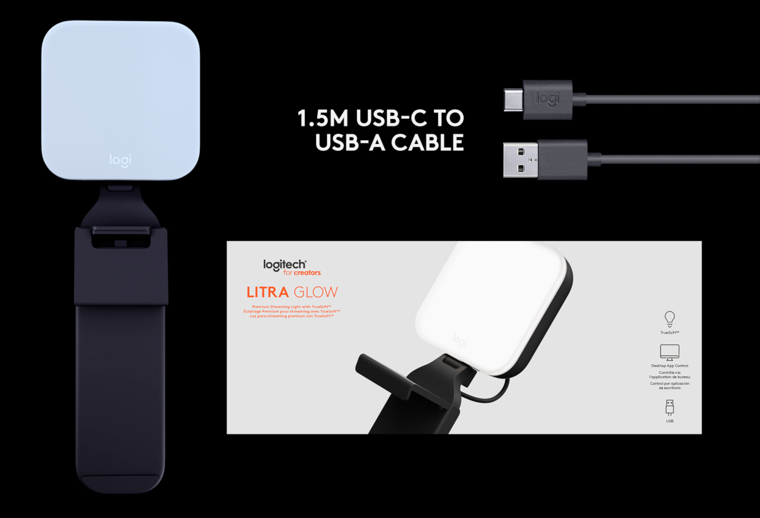 Logitech Litra Glow light, black and white. Also a USB-C to USB-A cable. Black background.