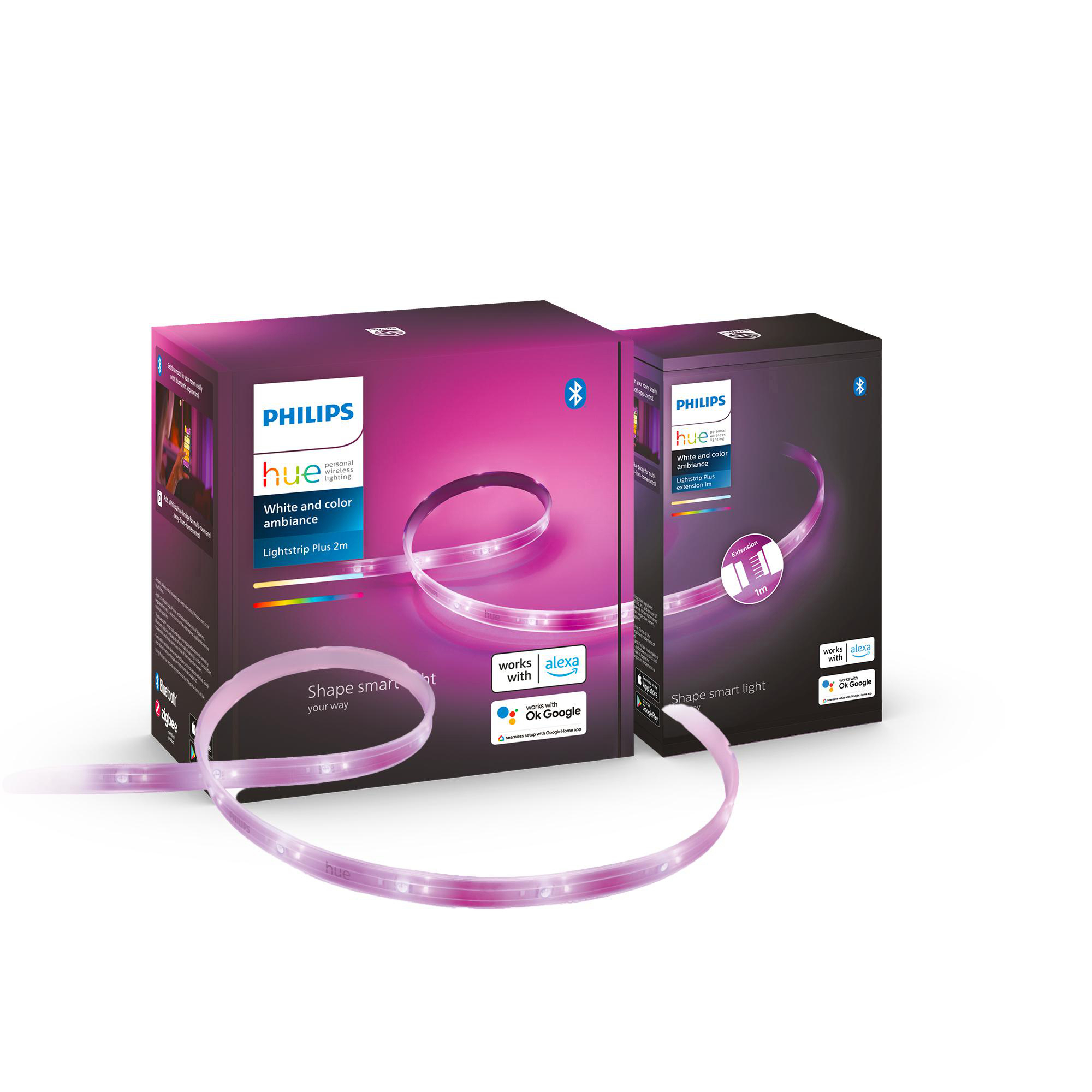 Zwei Philips Hue Lightstrip-Kartons, rosa und weiß. Der Streifen ist sichtbar. Weißer Hintergrund.