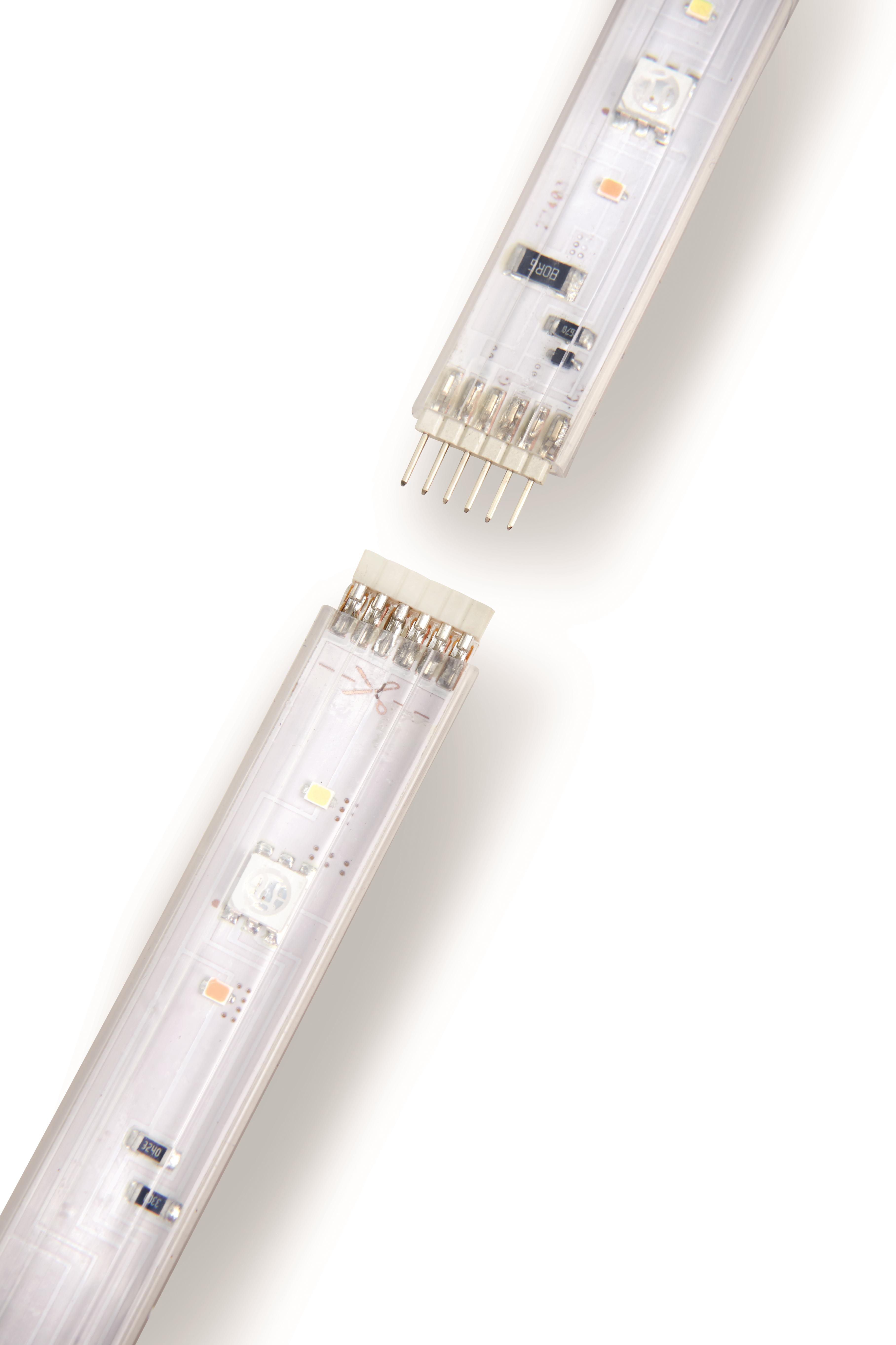 Zwei LED-Lichtleisten, eine mit Steckerstiften, die andere mit einem Aufnahmeschlitz.
