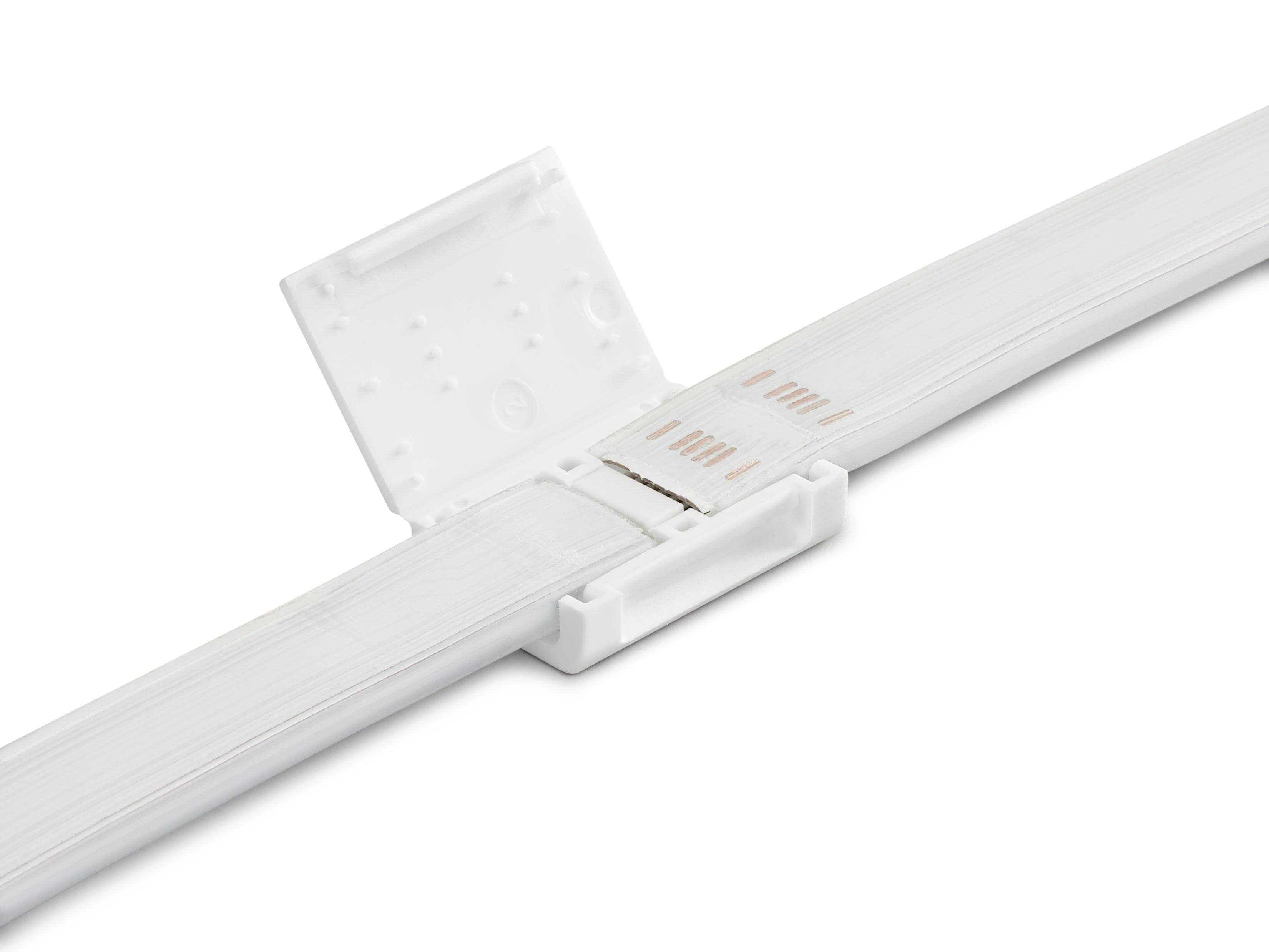 Ein weißer LED-Streifen mit einem Verbindungsstück. Das Verbindungsstück ist geöffnet.