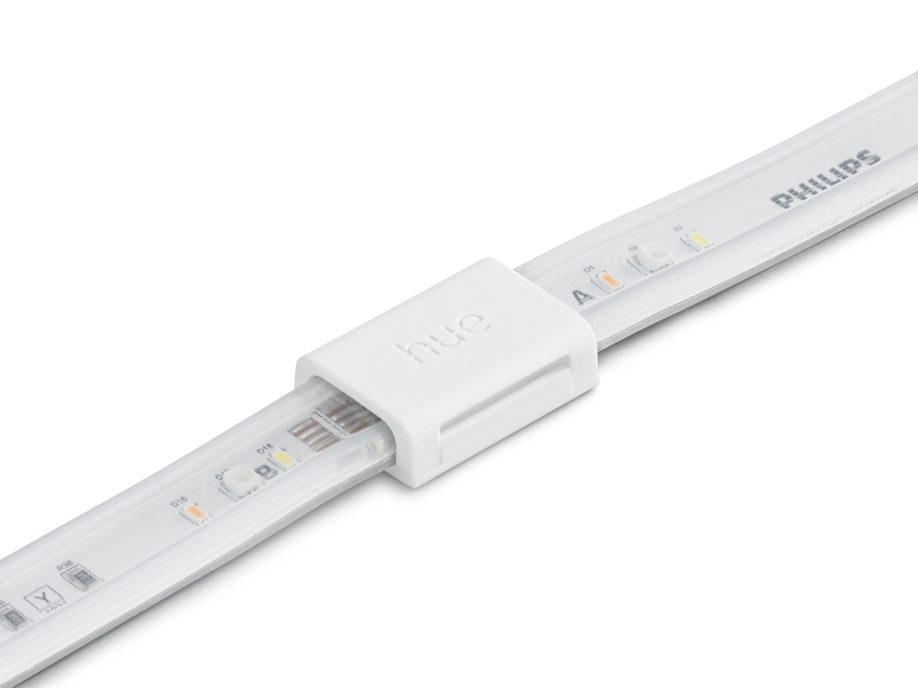 Ein weißer LED-Lichtstreifen mit einem weißen Stecker.