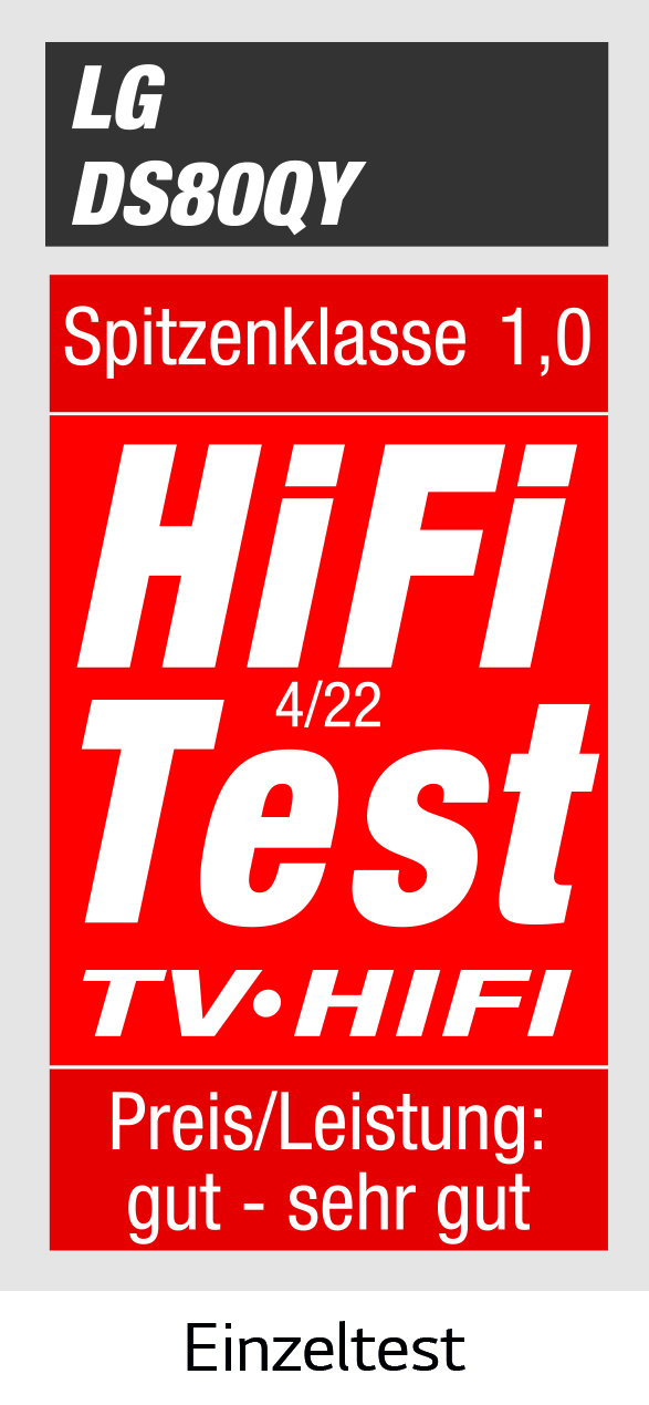 HiFi Test mit 'Spitzenklasse 1,0', LG DS80QY und 'Preis/Leistung: gut - sehr gut'.
