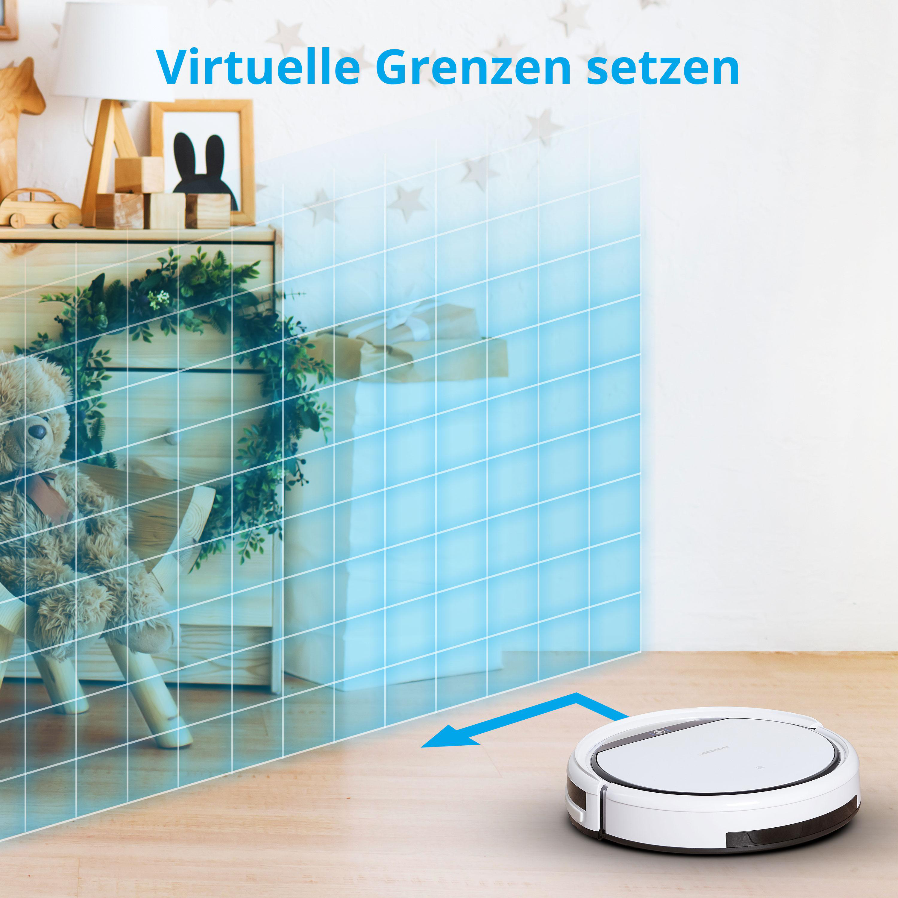 Ein Roboter-Staubsauger auf einem Holzboden mit einem blauen Raster-Overlay.