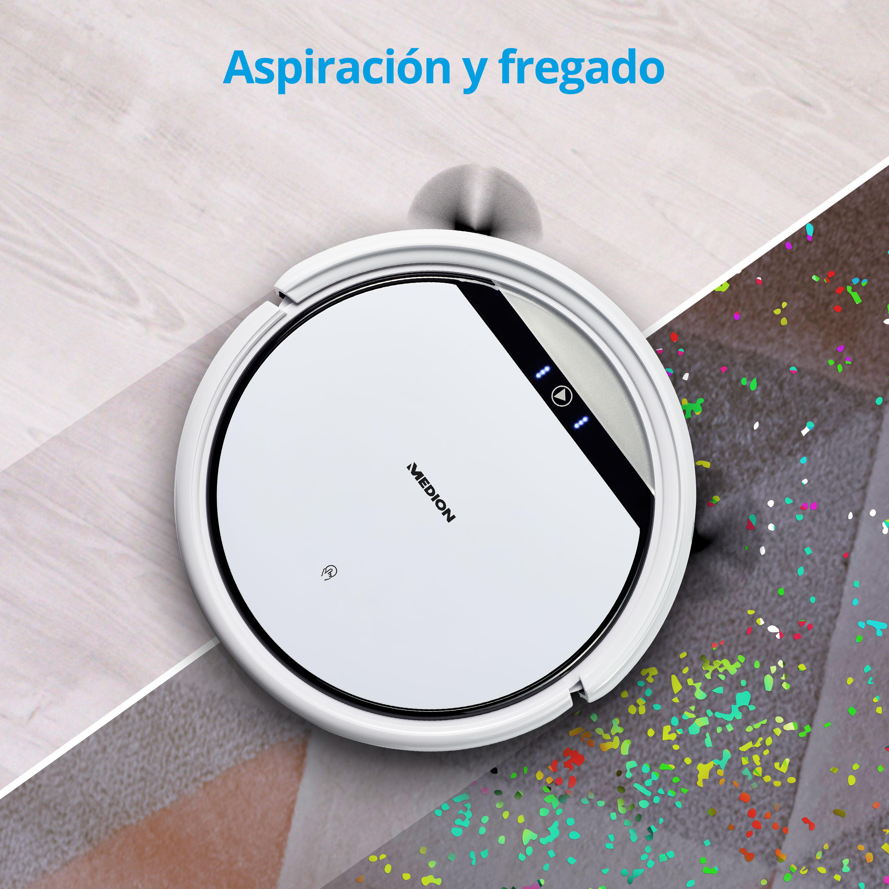 Weißer Roboter-Staubsauger reinigt einen hellen Holzboden und einen bunten Teppich. Text: 'Aspiración y fregado'.