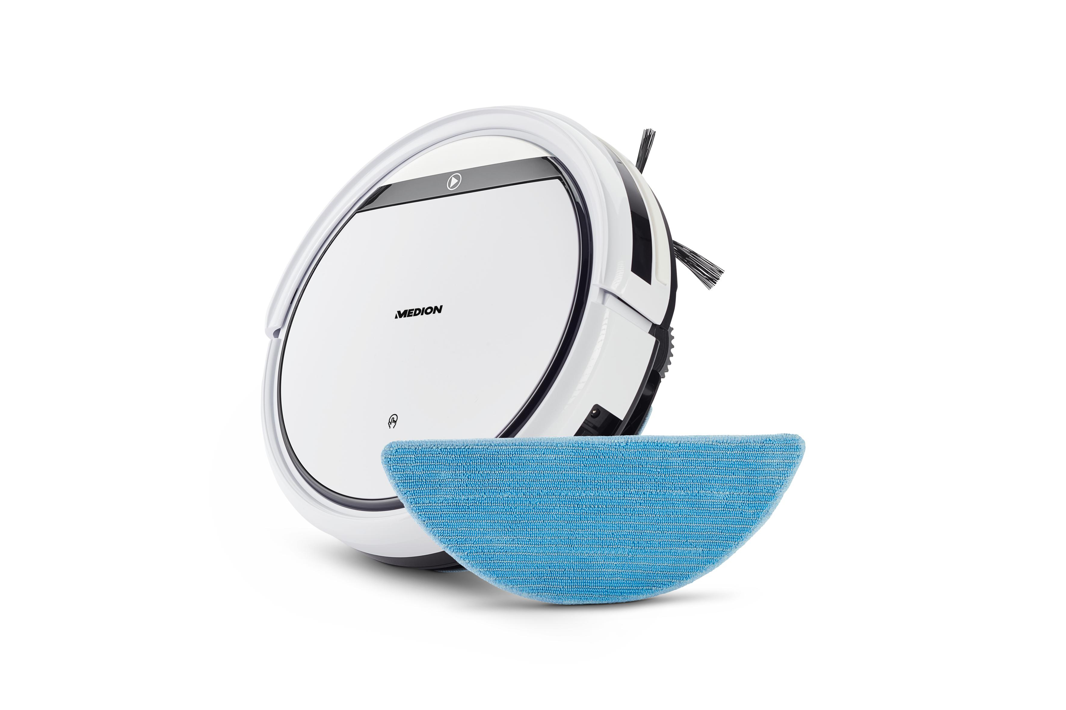 Ein weiß-schwarzer Roboter-Staubsauger mit einem blauen Tuch.