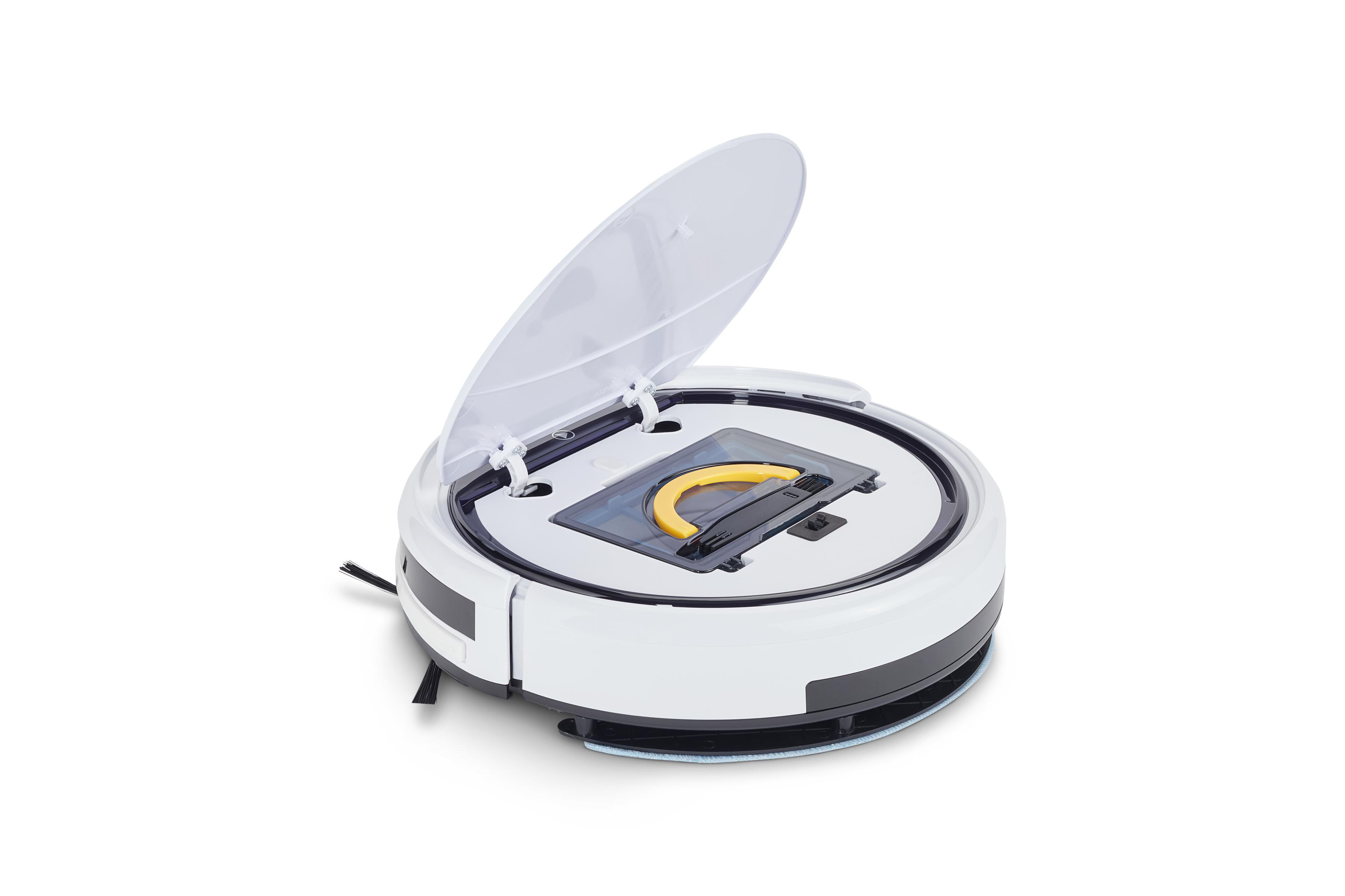 Weißer Roboter-Staubsauger mit offenem Deckel auf weißem Hintergrund.