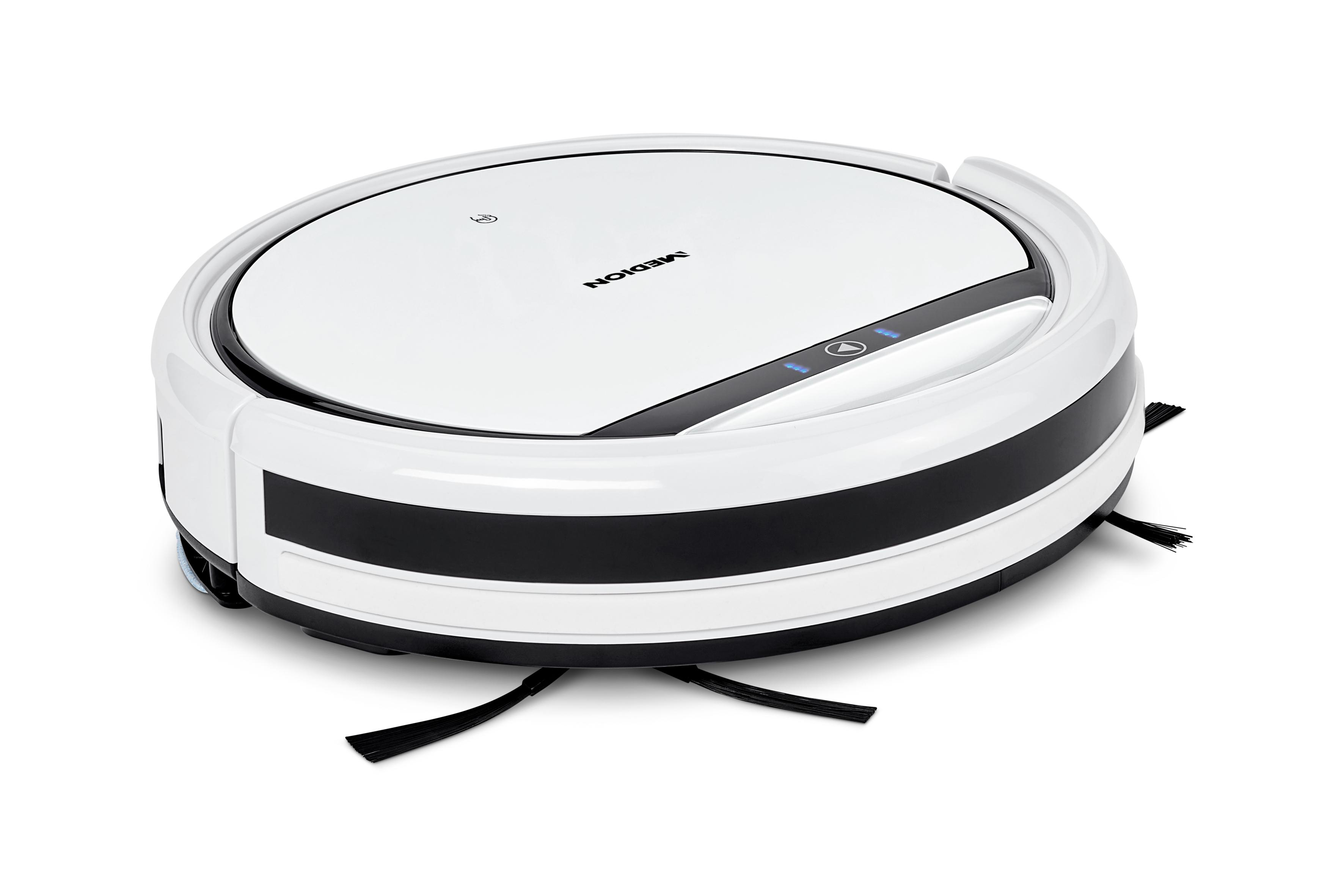Ein weißer und schwarzer Roboter-Staubsauger auf weißem Hintergrund.