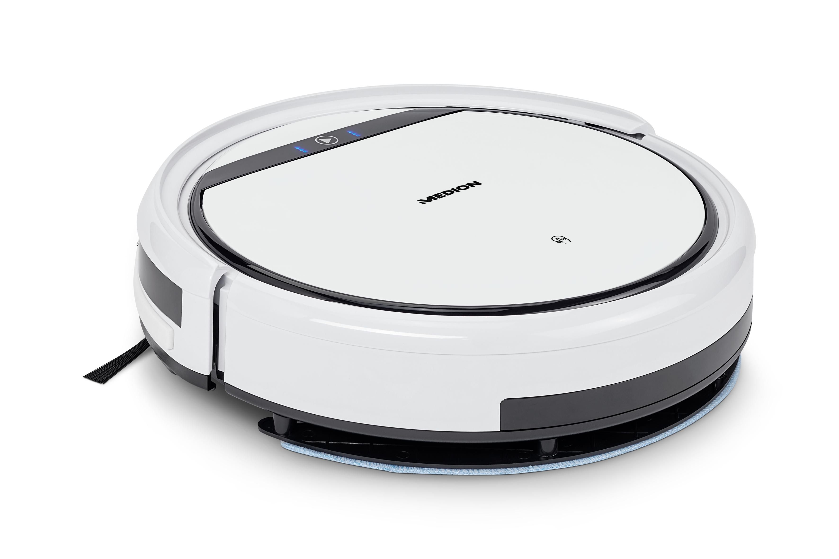 Ein weiß-schwarzer Roboter-Staubsauger mit schwarzer Bürste und blauem Wischmopp.