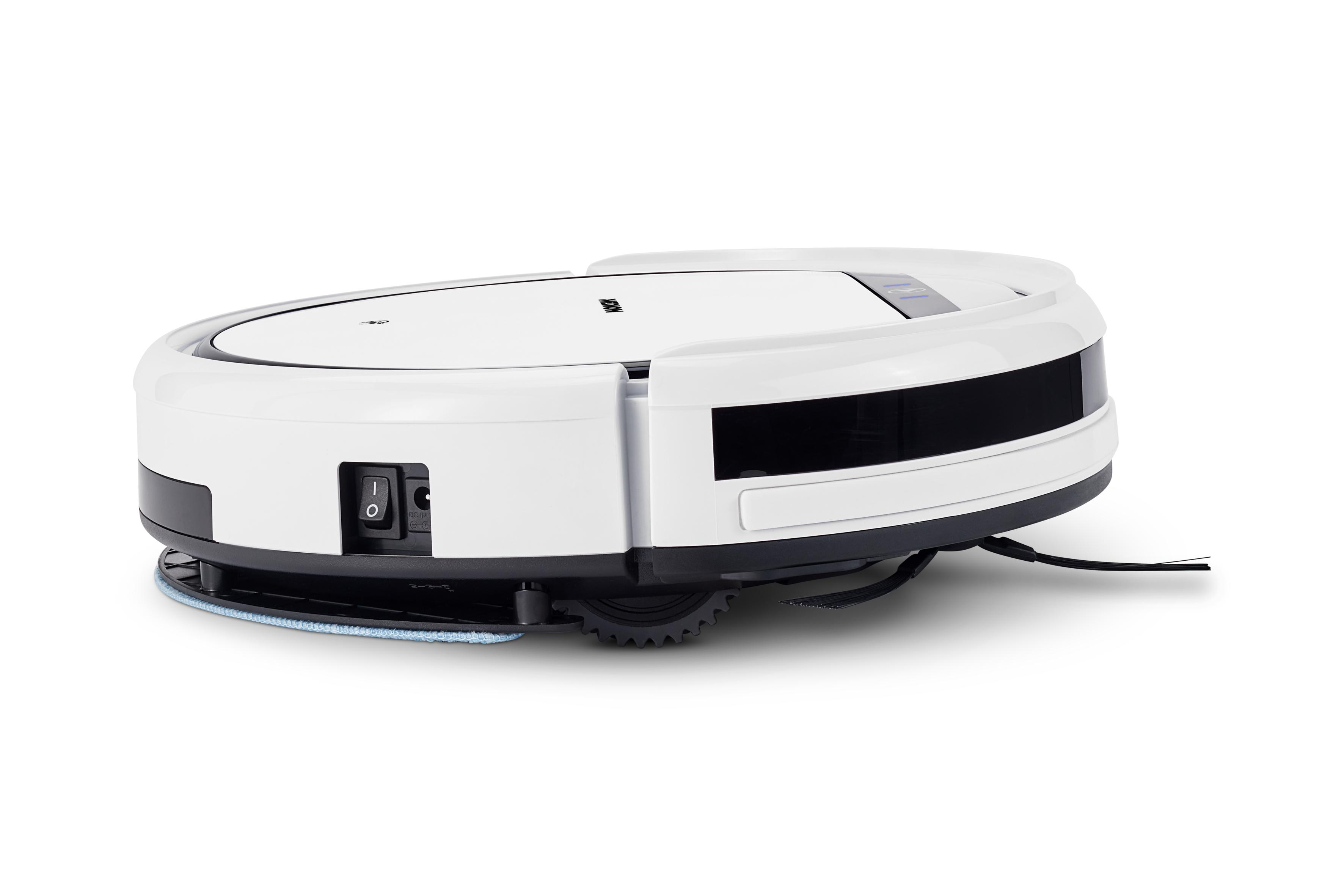 Ein weisser Roboter-Staubsauger, Seitenansicht, mit schwarzen Akzenten und Bedienelementen.