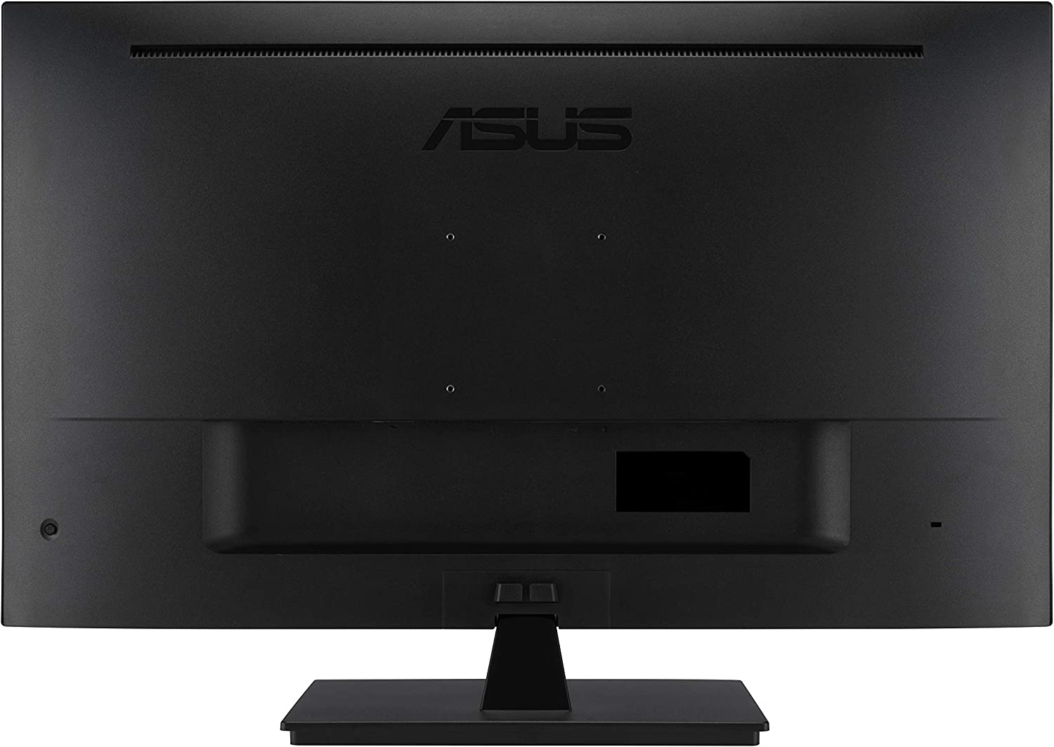 La parte trasera de un monitor negro con el logo ASUS en la parte superior y un soporte en la inferior.