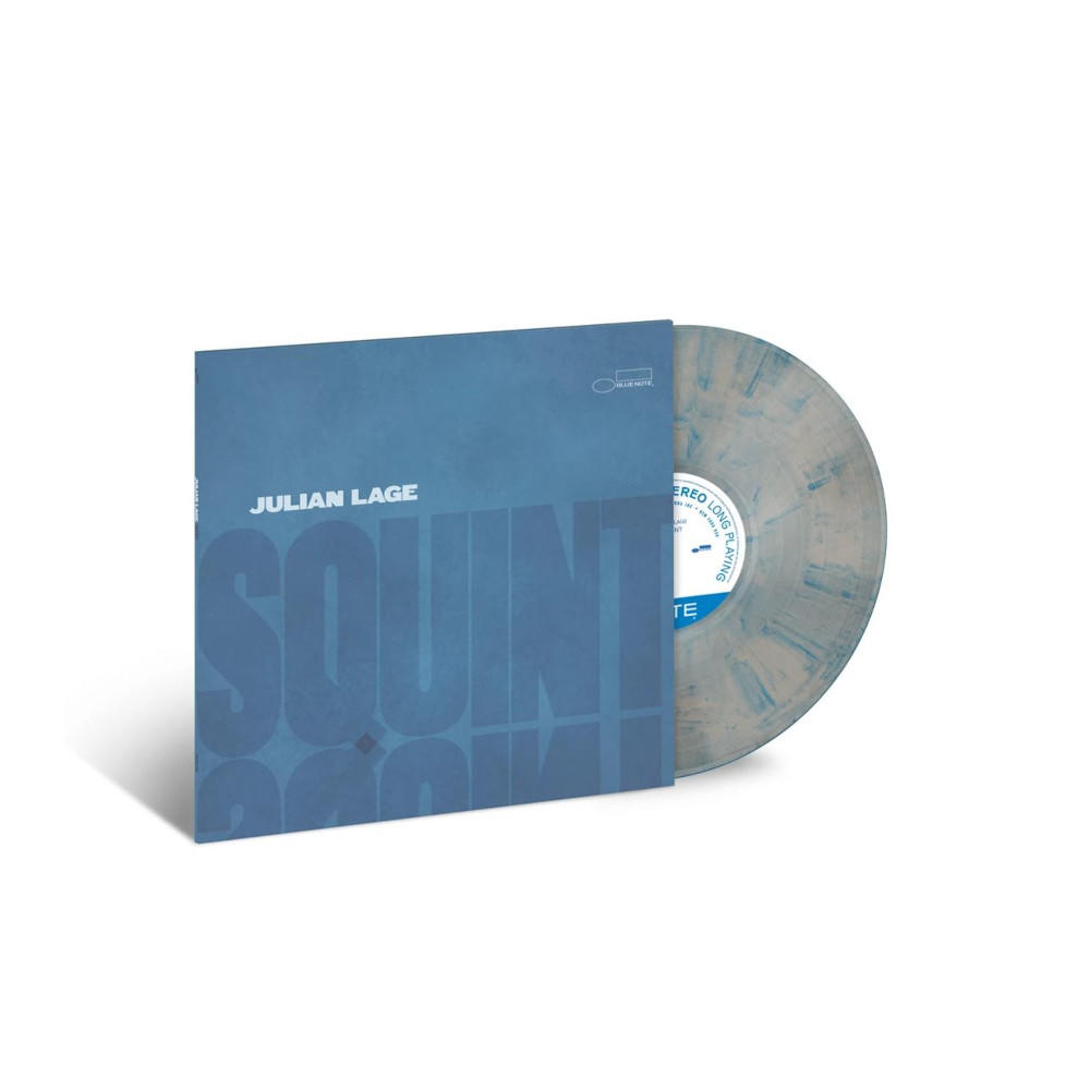 Vinylplatte in blauem Cover, mit Text und weißem Hintergrund.