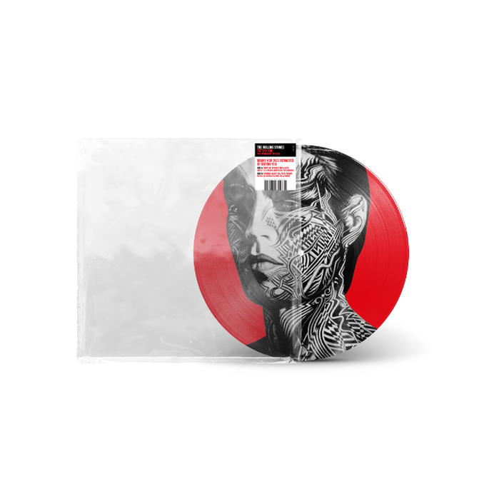 Rote Vinyl-Schallplatte mit Gesichtsdesign, in einer transparenten Plastikhülle.