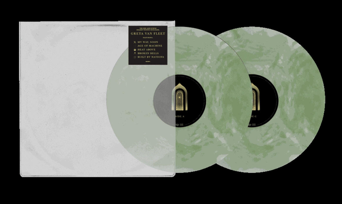 Schallplatten: Greta Van Fleet Album, zwei grüne Scheiben, schwarzer Hintergrund, Albumcover.