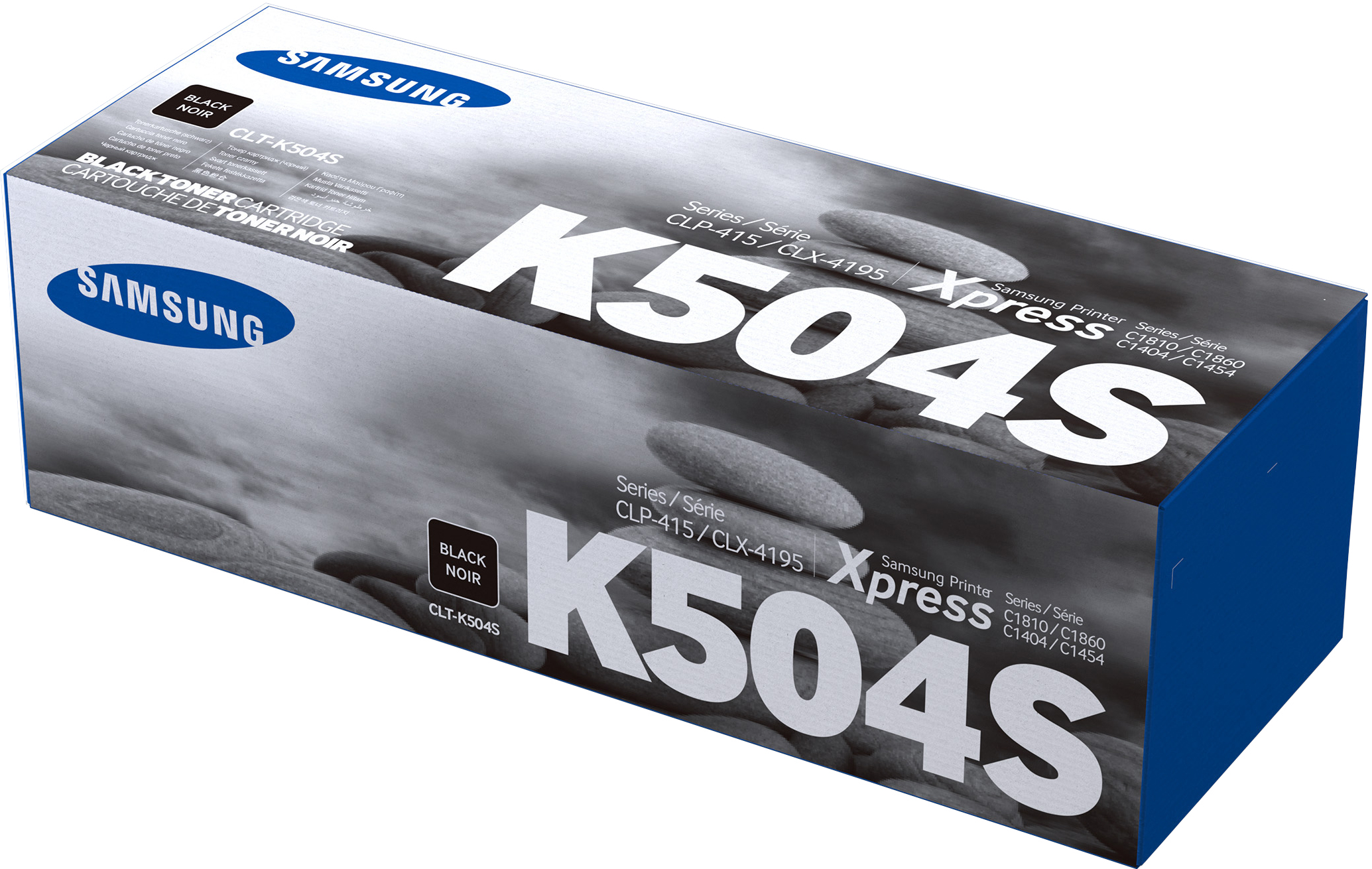 Karton mit Samsung K504S schwarzer Tonerkartusche. Die Box ist blau und weiß.