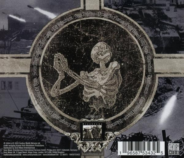 CD-Cover mit Skelett, Kreuz und Text. Der Hintergrund zeigt eine Kriegsszene mit Explosionen.