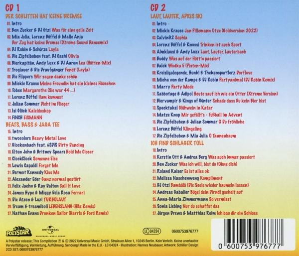 CD-Cover mit Titellisten, mit einem gelben und blauen Design.
