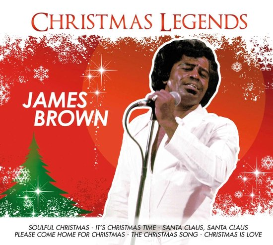 Albumhoes voor 'Christmas Legends' van James Brown, met een feestelijke rode achtergrond en sneeuwvlokken.