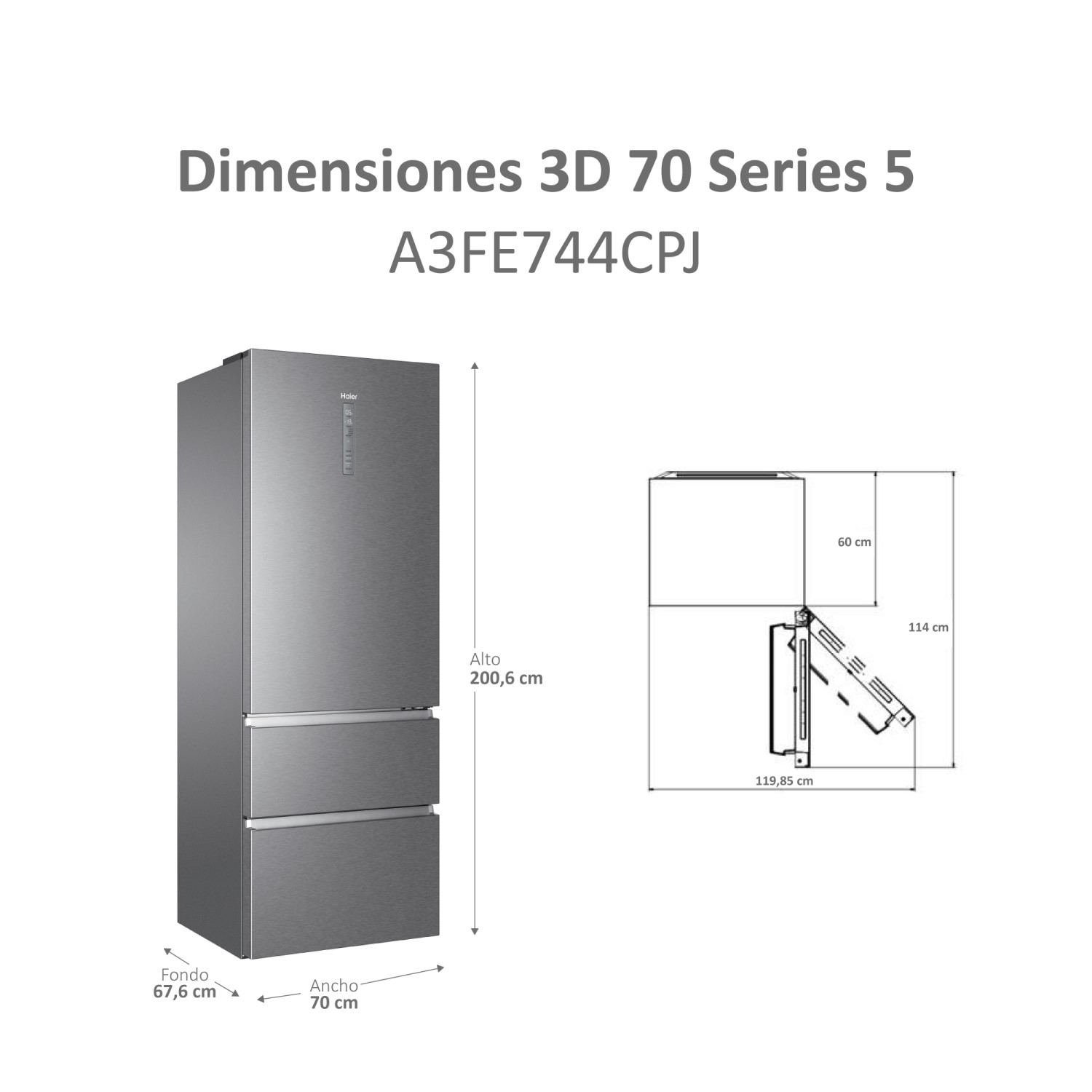 Refrigerador Haier de acero inoxidable con diagrama de dimensiones en blanco.