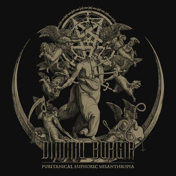 Albumcover. Ein Mann, gehalten von Engeln, mit dunklem Hintergrund. Titel: Dimmu Borgir.