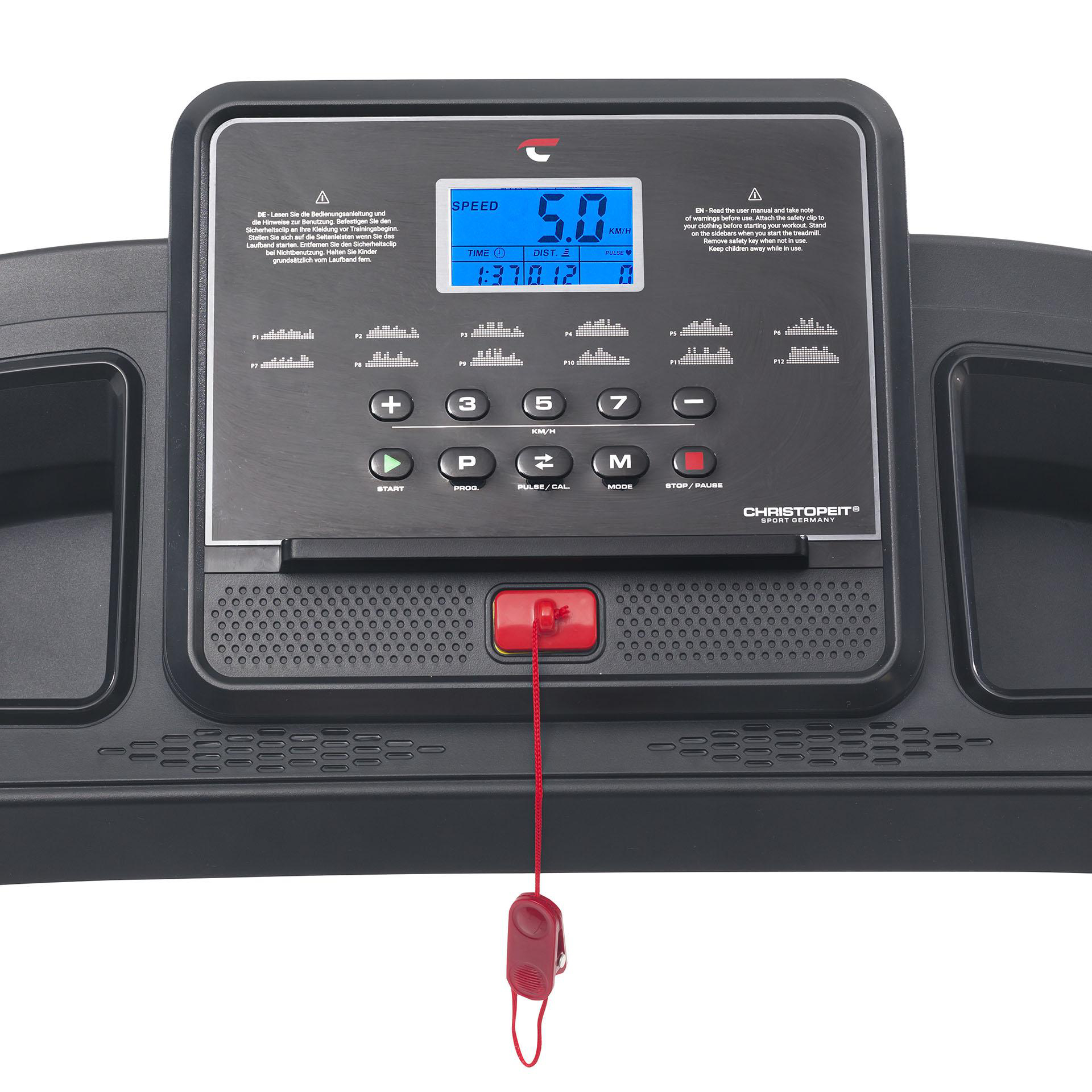 Ein Laufband-Bedienfeld mit Display, das Geschwindigkeit anzeigt, Knöpfen und einem roten Sicherheitsschlüssel.