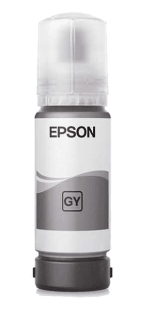 Epson mürekkep şişesi, gri ve beyaz etiket. Etikette Epson yazılı, renk GY.