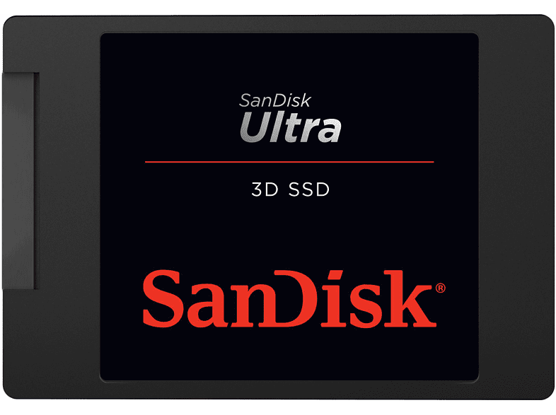 SanDisk Ultra 3D SSD mit schwarzem Gehäuse und rotem und weißem Text auf schwarzem Hintergrund.