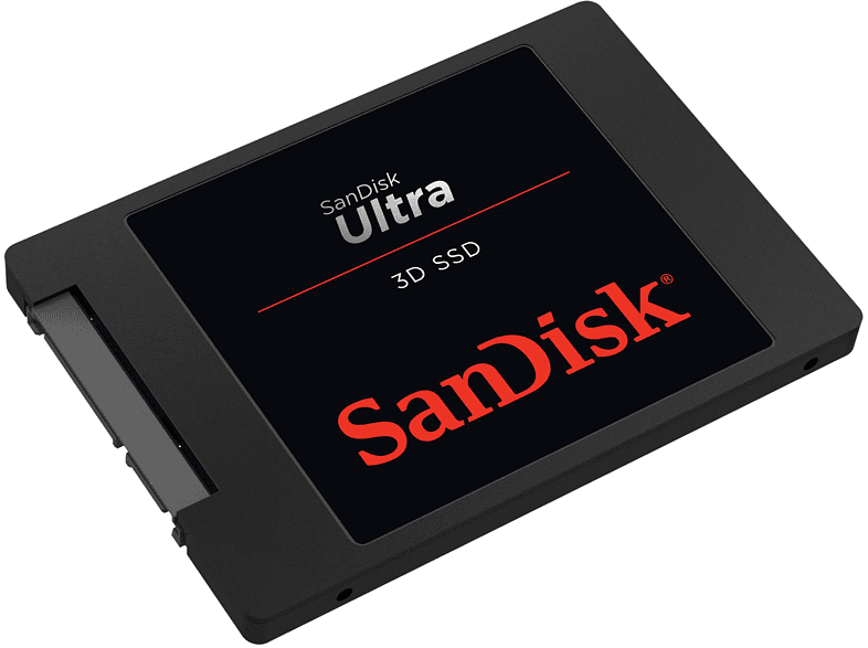 SSD-Laufwerk mit dem Text 'SanDisk Ultra 3D SSD' auf schwarzer Oberfläche.