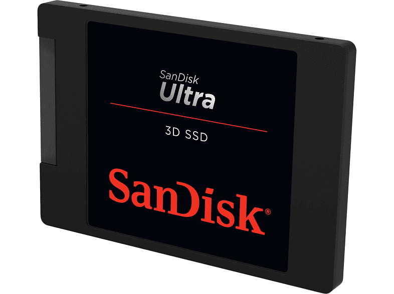 Schwarze SanDisk Ultra 3D SSD. Roter und weißer Text auf der Vorderseite. Schwarzes Gehäuse.