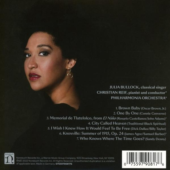 Albumcover von Julia Bullock. Sie blickt nach links. Text listet Lieder und Künstlernamen. Dunkler Hintergrund.