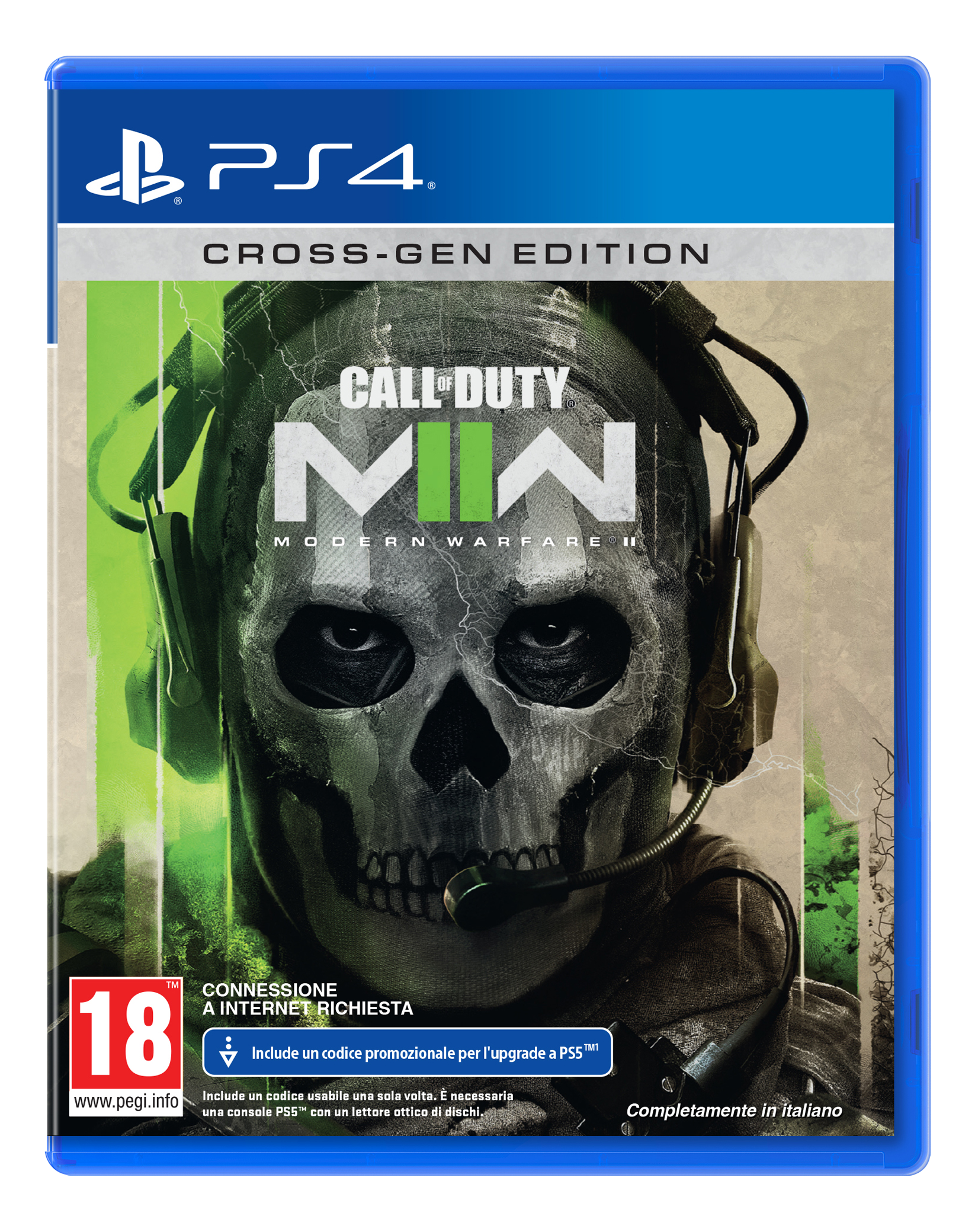 Call of Duty: Modern Warfare II PS4 Spielhülle mit Totenkopf-Maske, Kopfhörern und PEGI 18-Rating.