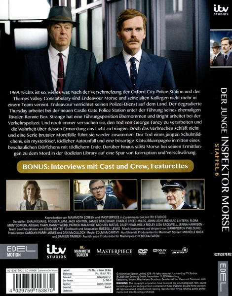 Rückseite der DVD-Hülle der Serie 'Der junge Inspektor Morse', mit Schauspielern und Crew.