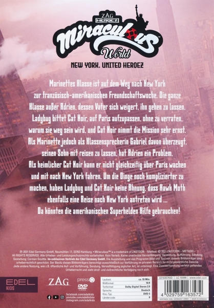 Miraculous World New York, United Heroez DVD-Cover. Text auf Deutsch. Skyline einer Stadt.