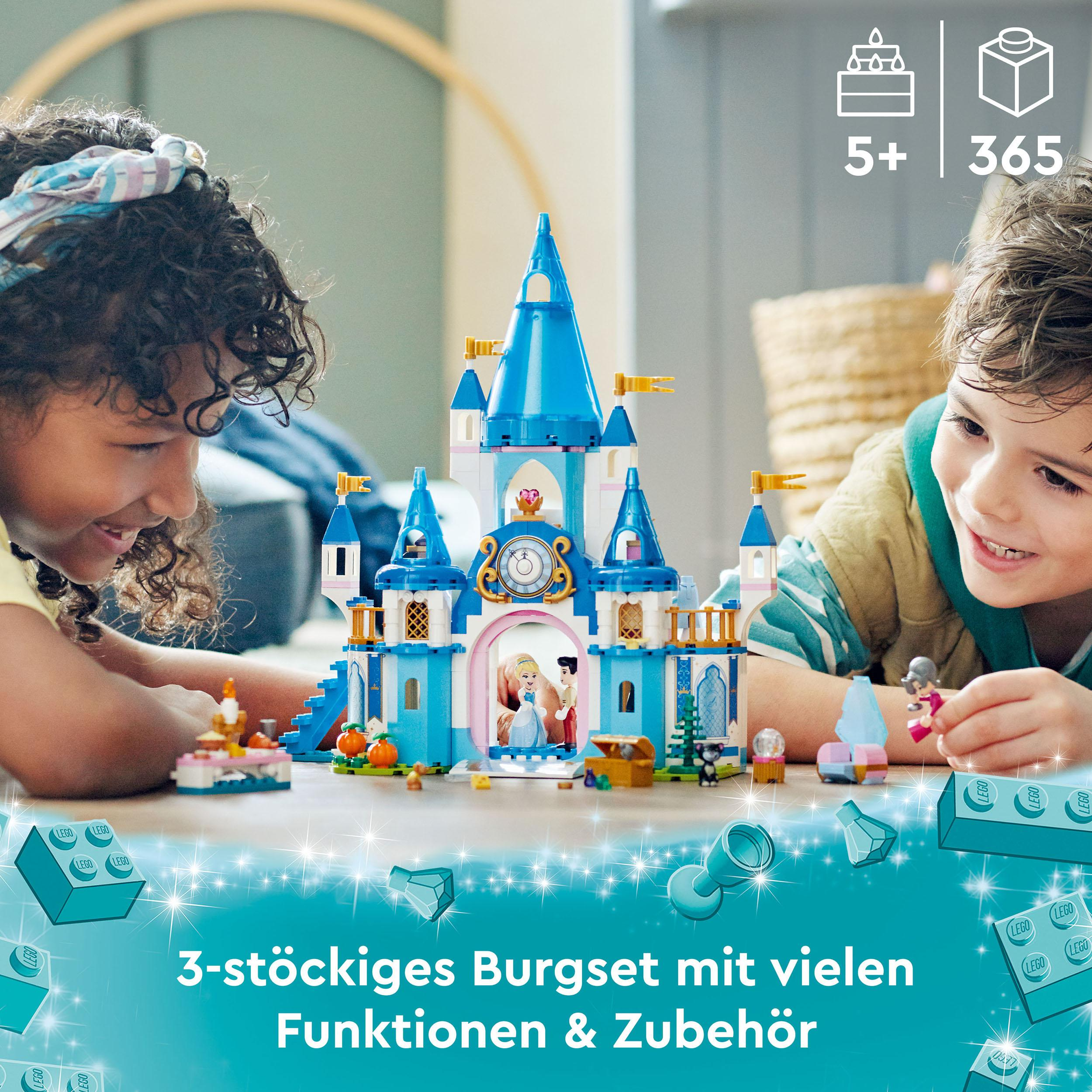 Zwei Kinder bauen eine Lego-Burg, mit Text, der ein 3-stöckiges Burg-Set anzeigt.