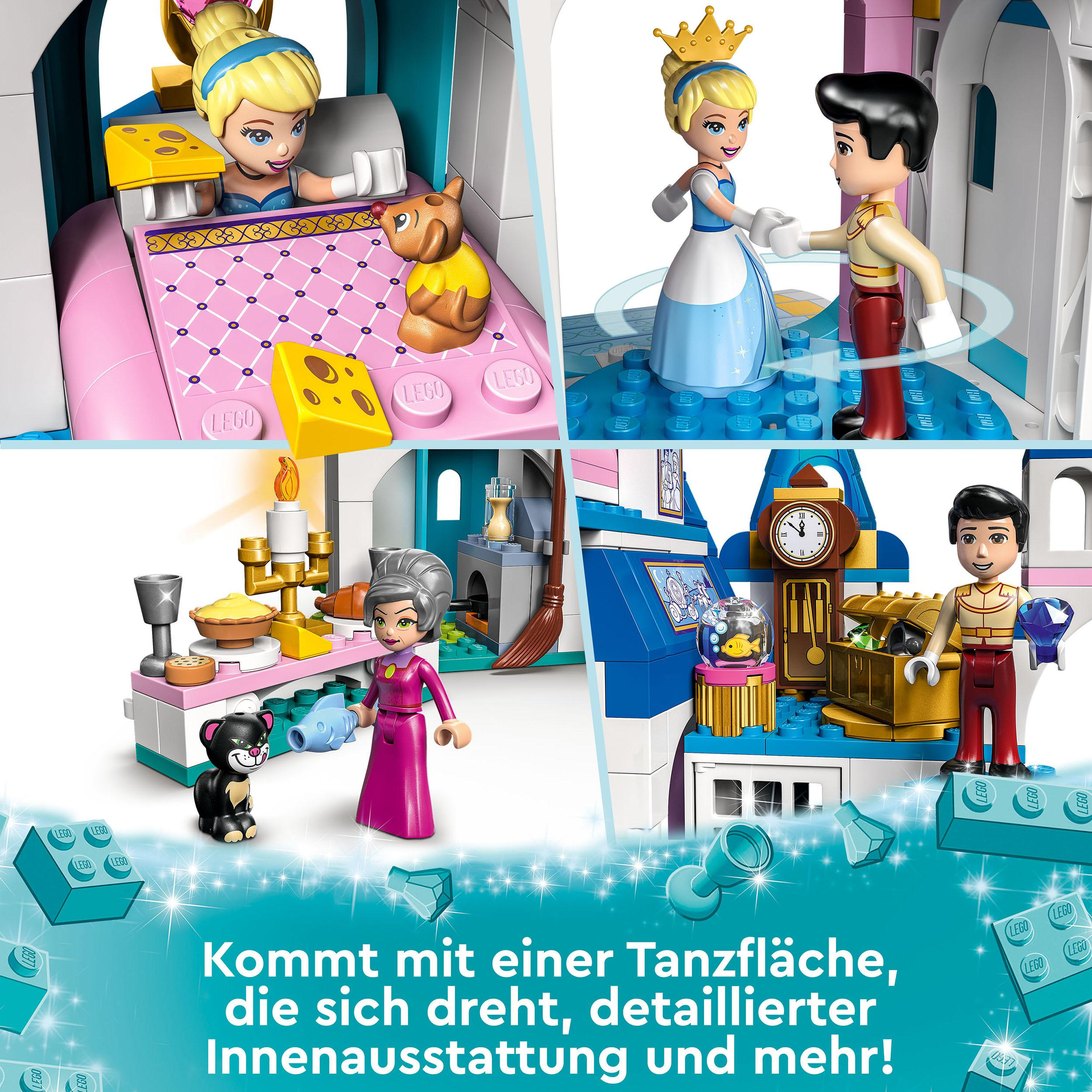 Vier Szenen aus einem Lego-Set mit Aschenputtel und dem Prinzen, einer Katze und anderen Figuren.