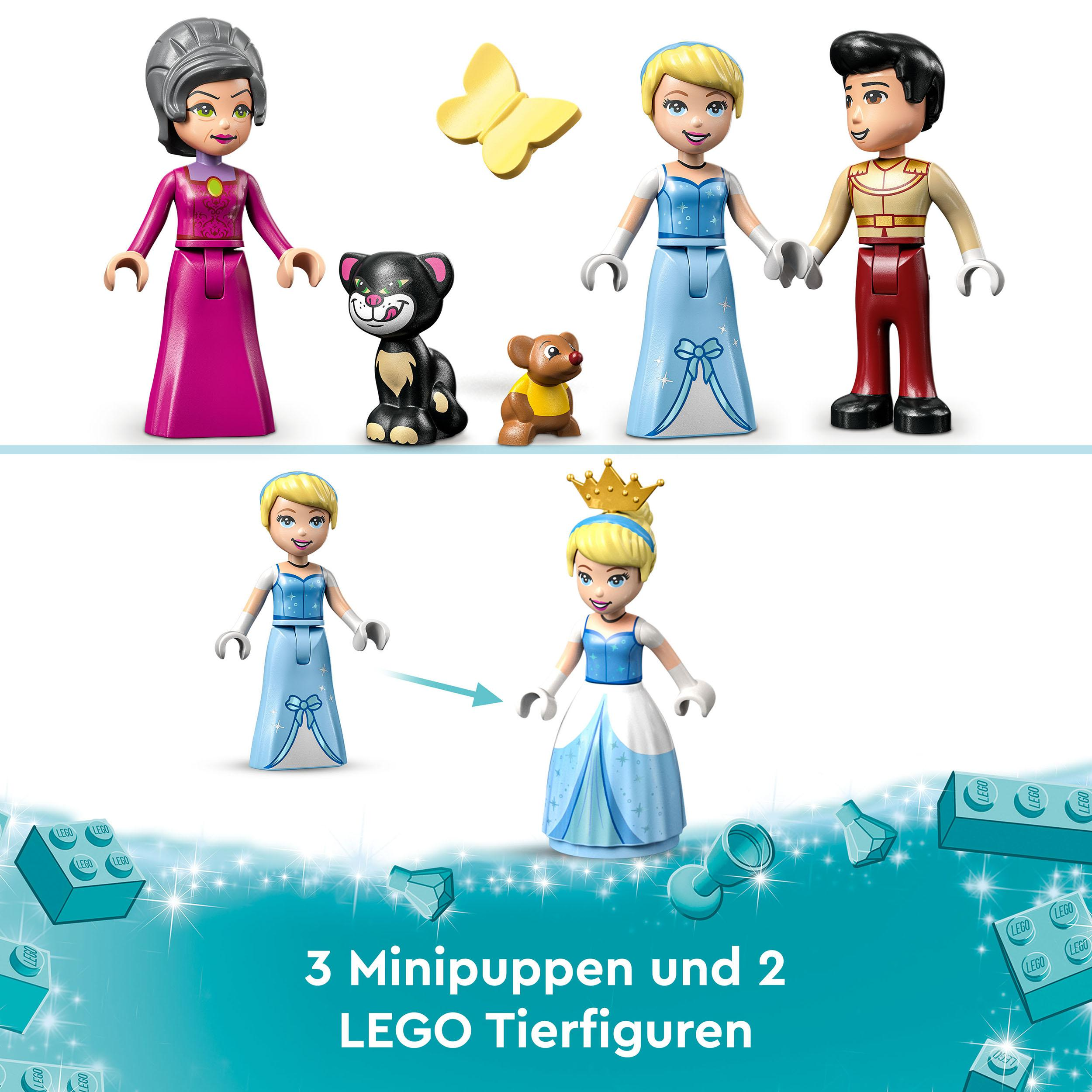 Lego-Prinzessinnenfiguren. Cinderella und Prinz, eine Fee, eine schwarze Katze, ein Bär und eine Frau.