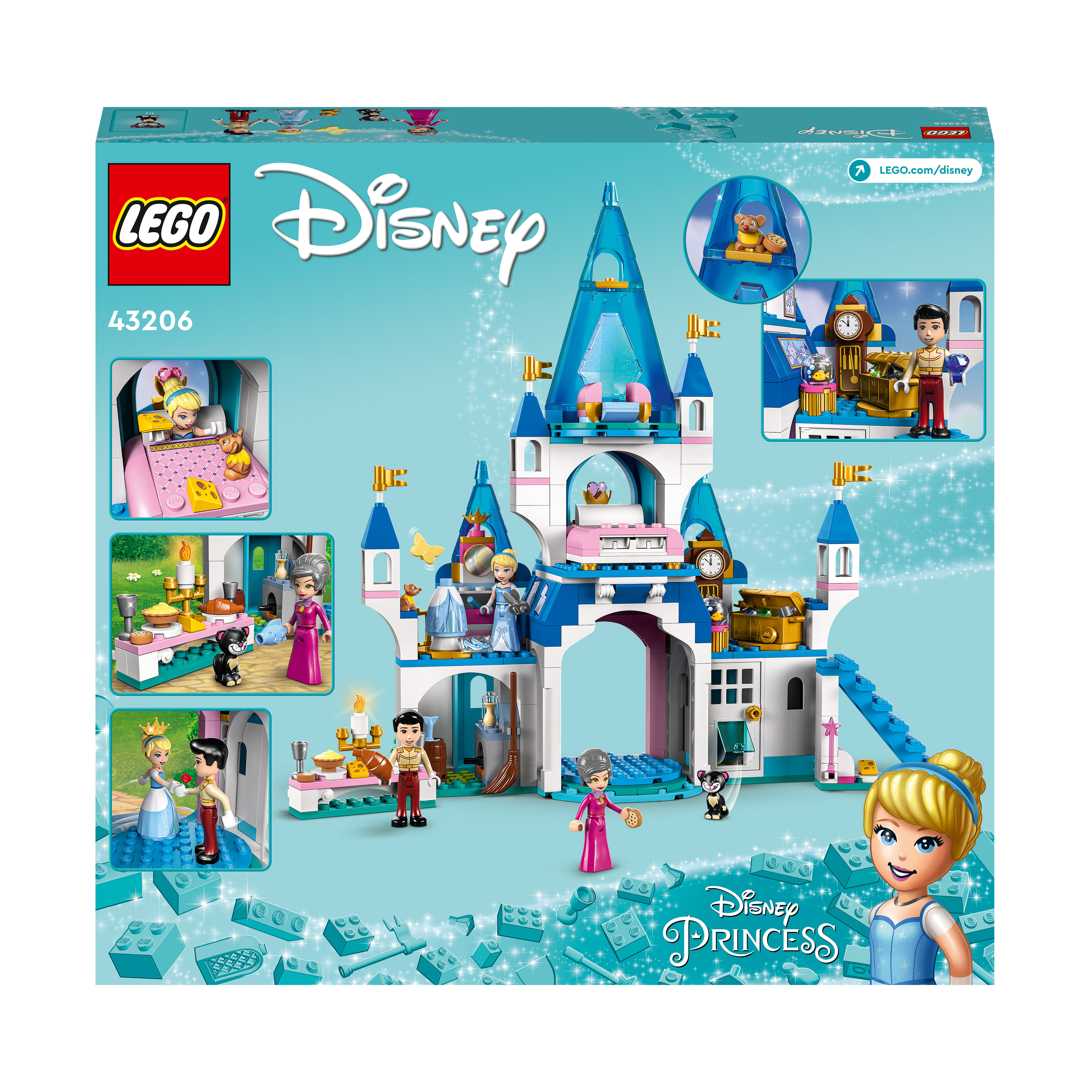 LEGO Disney Princess Schloss-Box. Zeigt das Schloss und Szenen mit Cinderella und anderen Figuren.