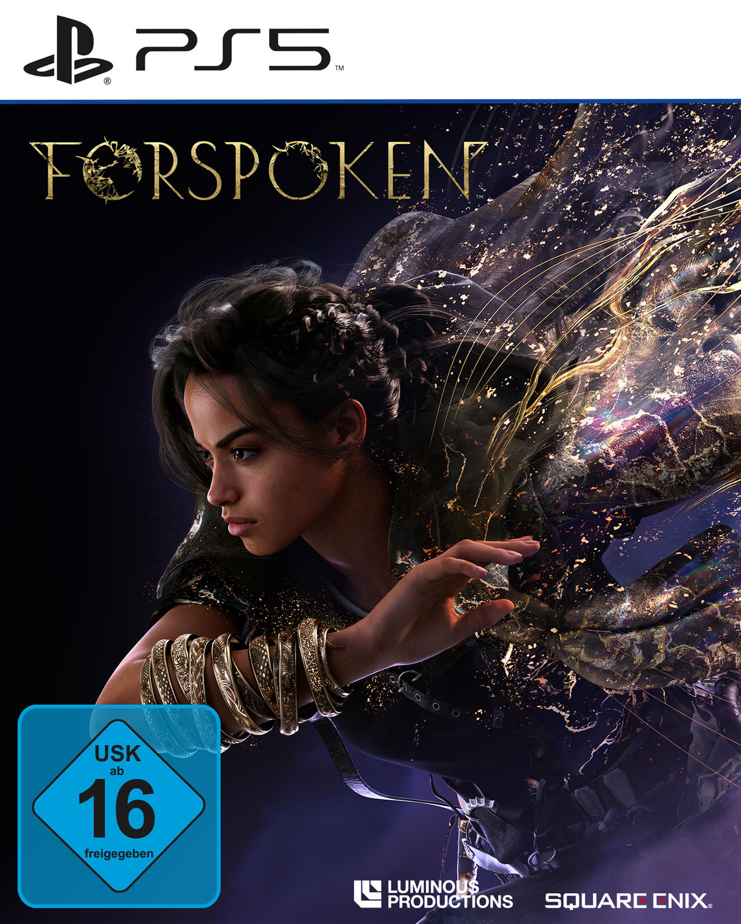 Forspoken-Spielcover mit einer Frau, goldenen Armbändern und einer USK 16-Bewertung.