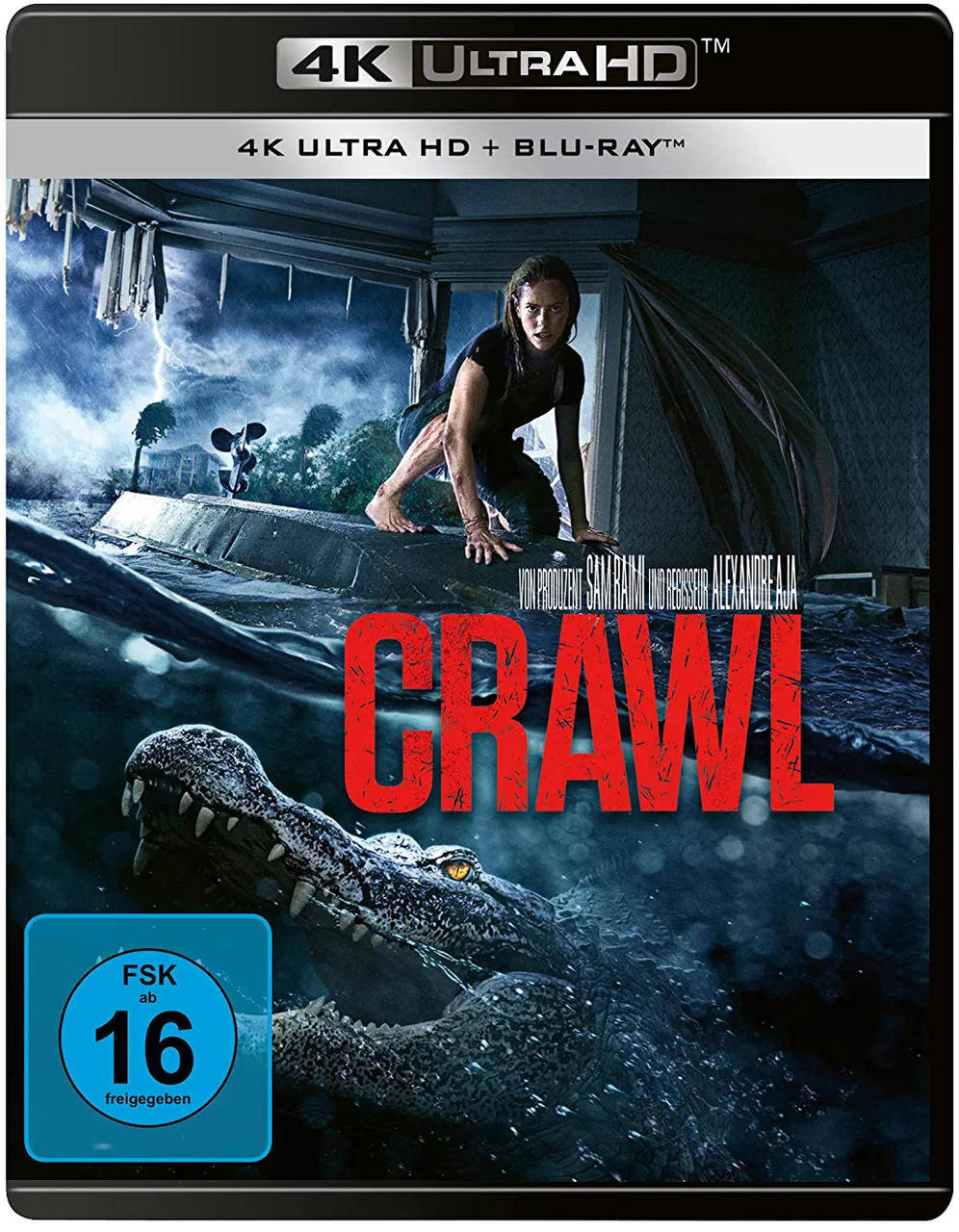 Filmcover von 'Crawl' mit einer Frau im Wasser und einem Alligator, 4K Ultra HD.