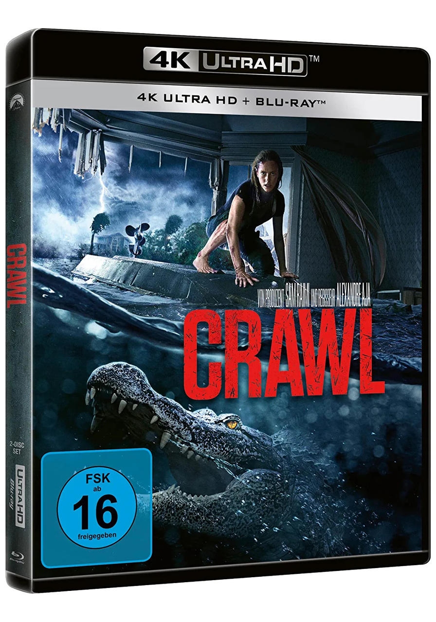 4K Ultra HD Blu-ray-Hülle. Zeigt eine Frau im Wasser mit einem Krokodil. Dunkler Hintergrund.