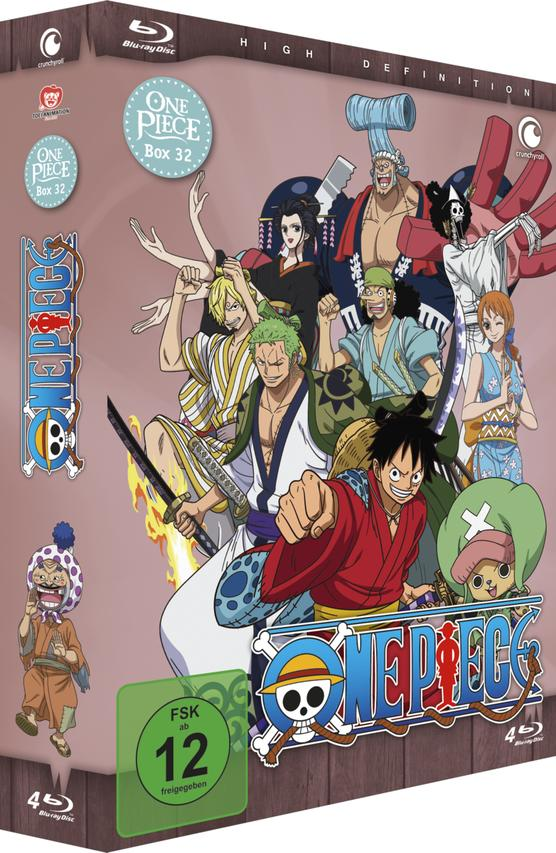 One Piece Box 32 Blu-ray Disc Set mit mehreren Charakteren.