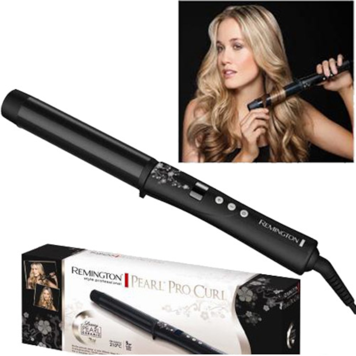Remington Pearl Pro Curl krultang met een vrouw die hem gebruikt en een doos met krullen.