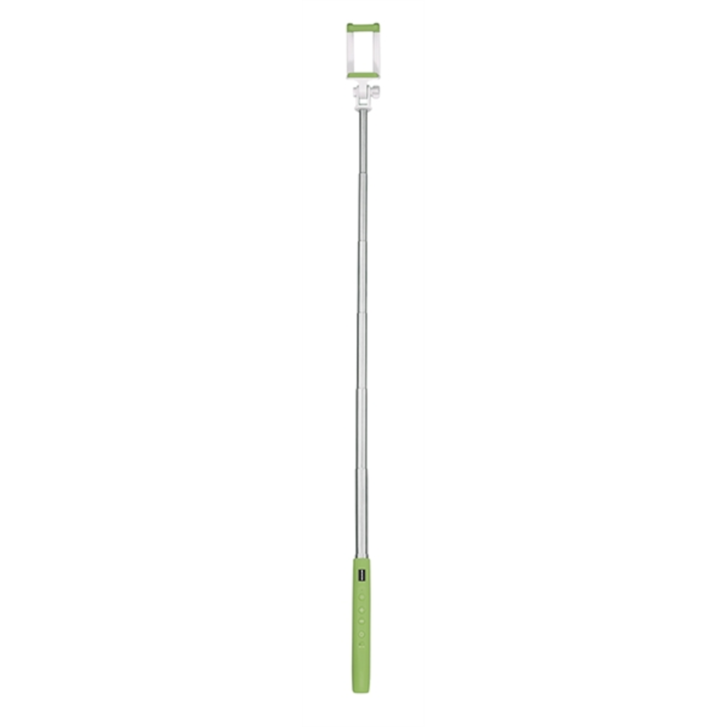 A selfie stick is vertically centered. It has a green handle and a silver, extendable pole. The phone holder is also green.