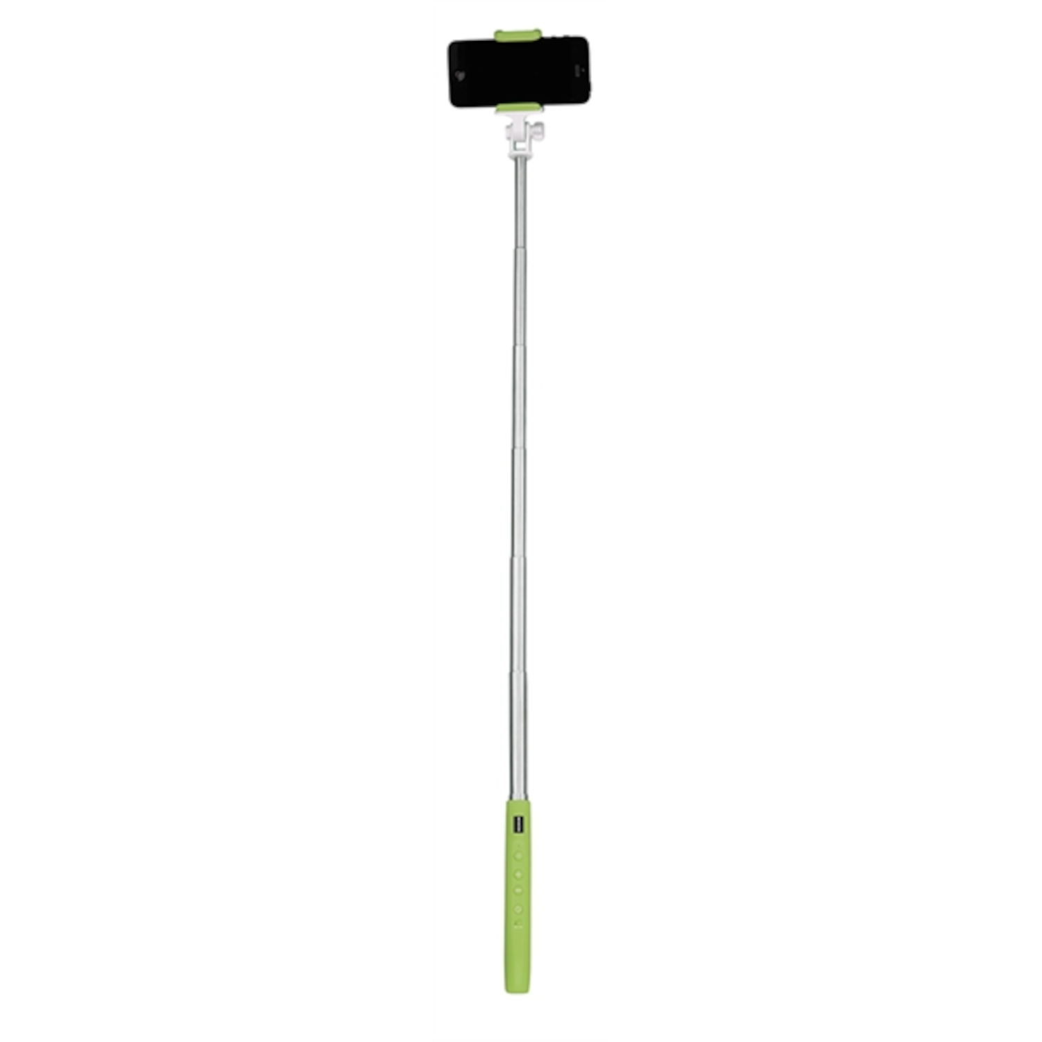 A selfie stick with a phone attached. The phone is black. The handle is green. The background is white.