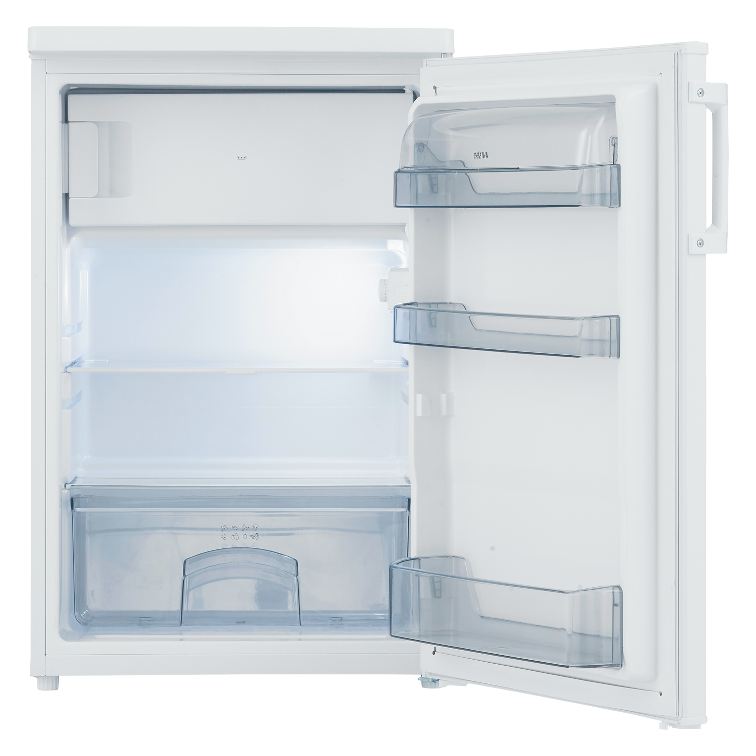 Een open witte koelkast met planken en doorzichtige opbergbakken.