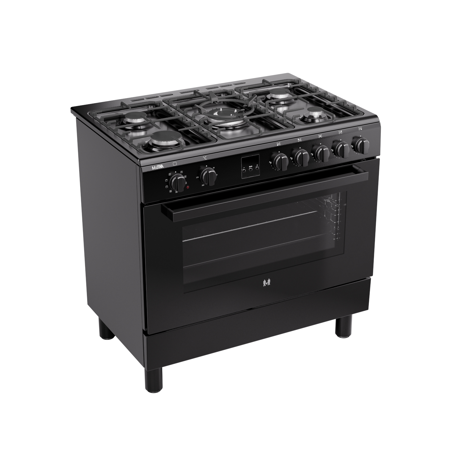 Zwarte oven met kookplaat, knoppen en open ovendeur.