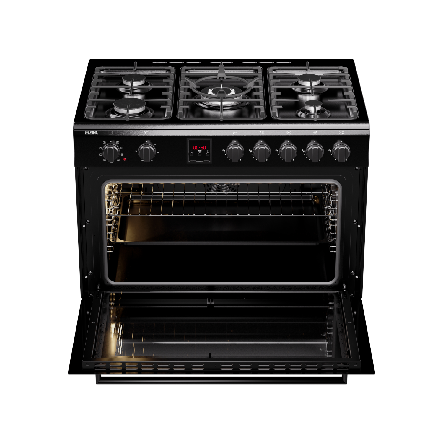 Een zwarte oven met de deur open, met het interieur en de kookplaat met branders.