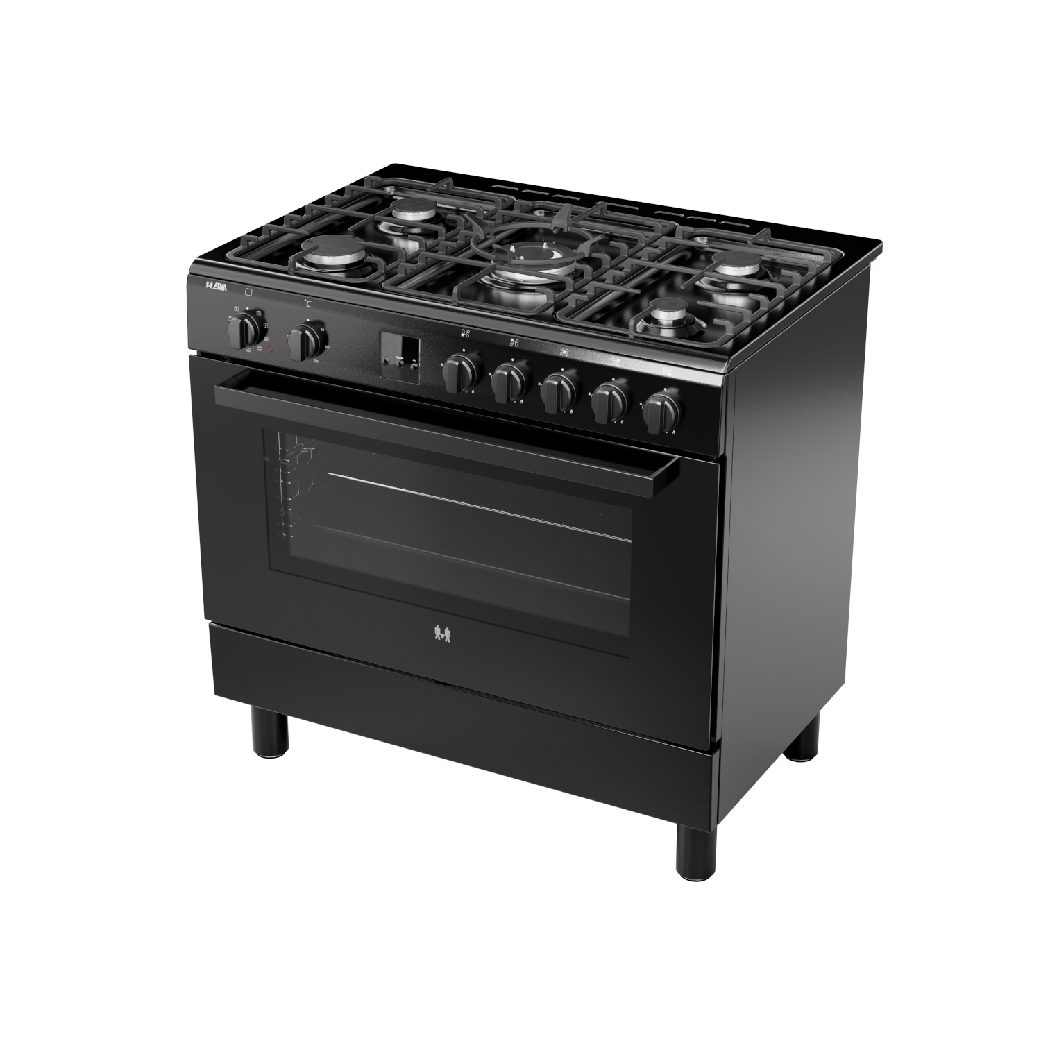 Zwart fornuis met vijf branders en een grote oven, zijaanzicht.